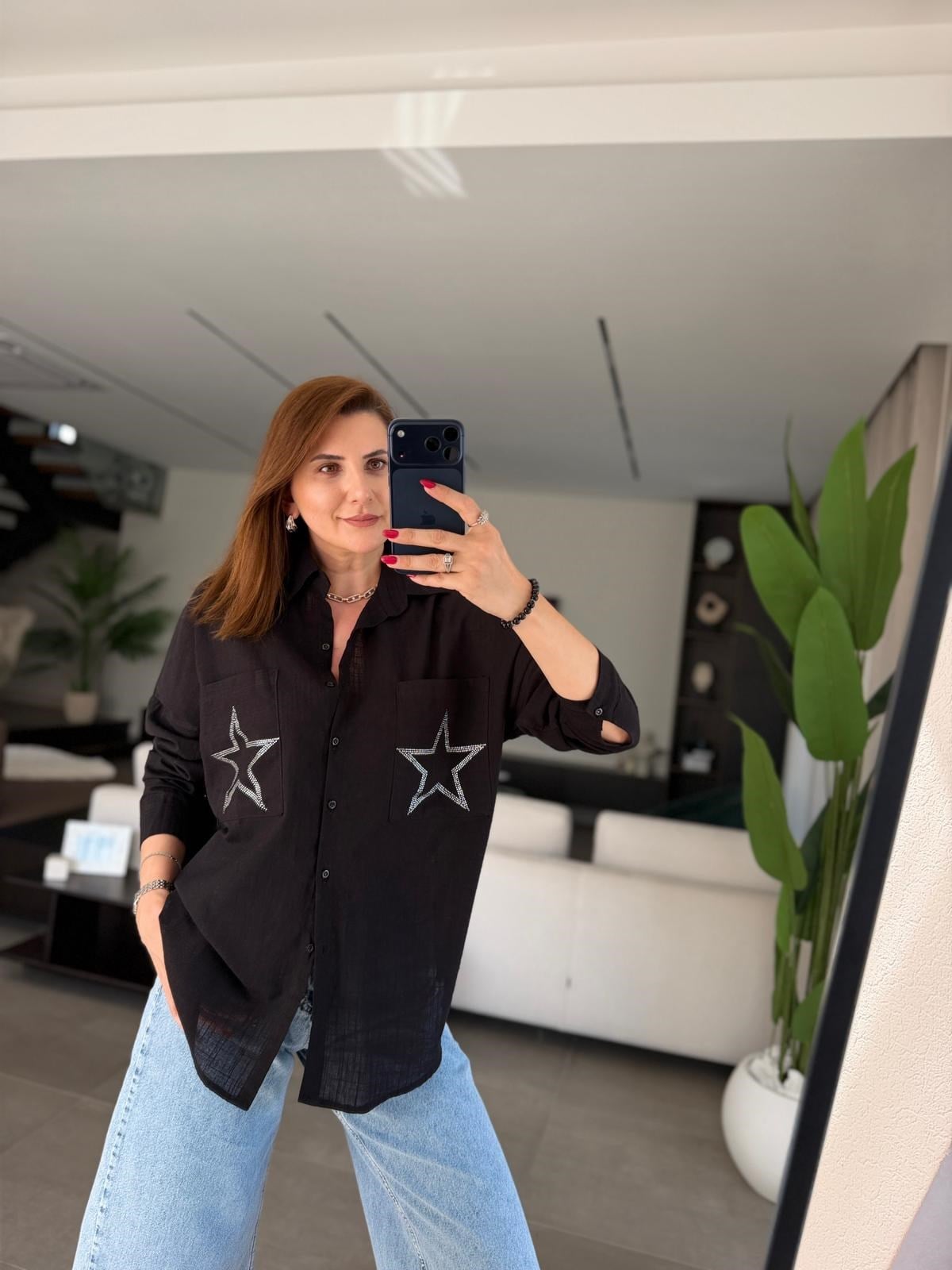 Siyah Cep Yıldız Taşlı Oversize Gömlek