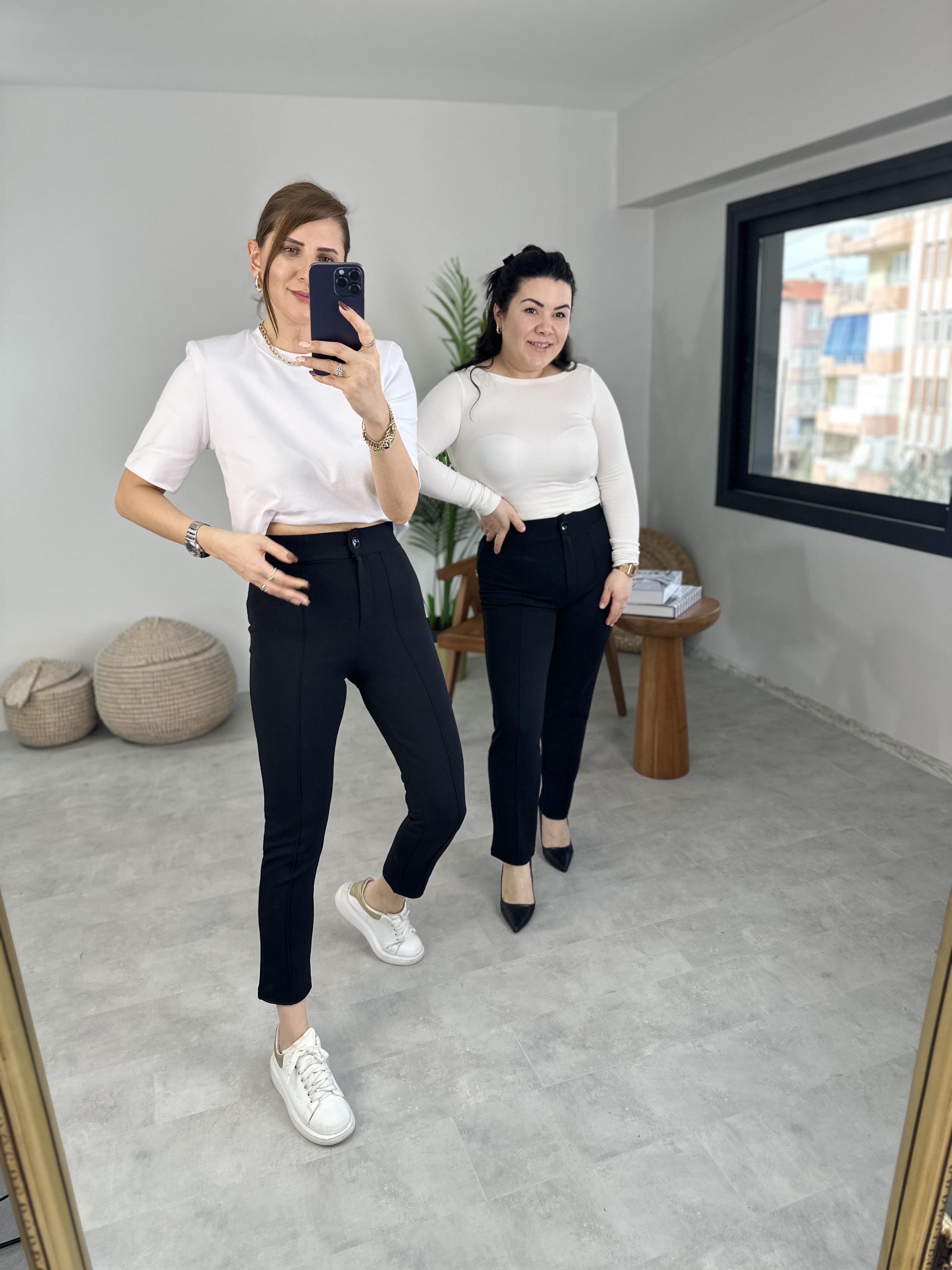 Siyah Dar Paça Çimalı Pantolon