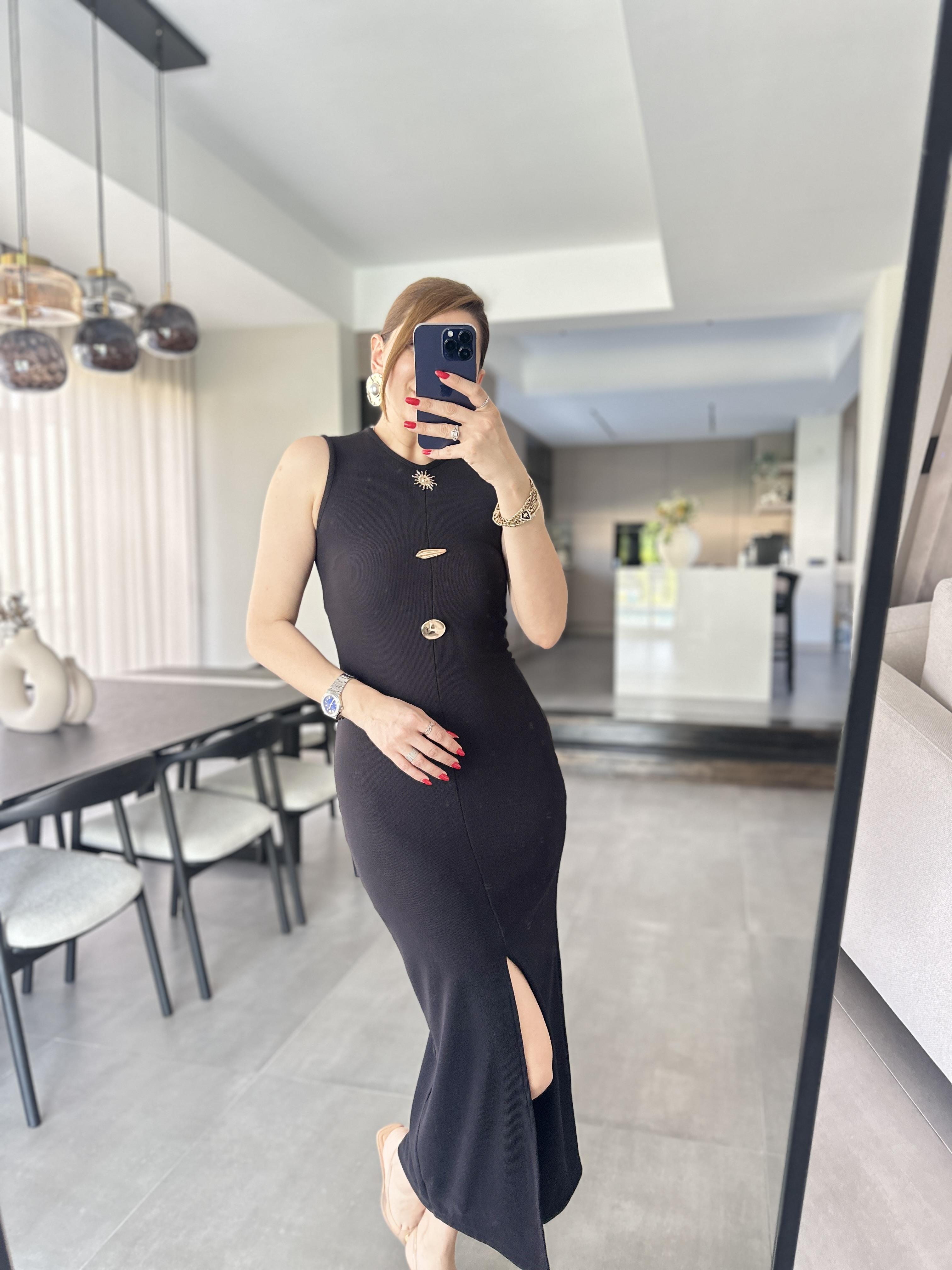 Siyah Kolsuz Yırtmaçlı Ottoman Elbise