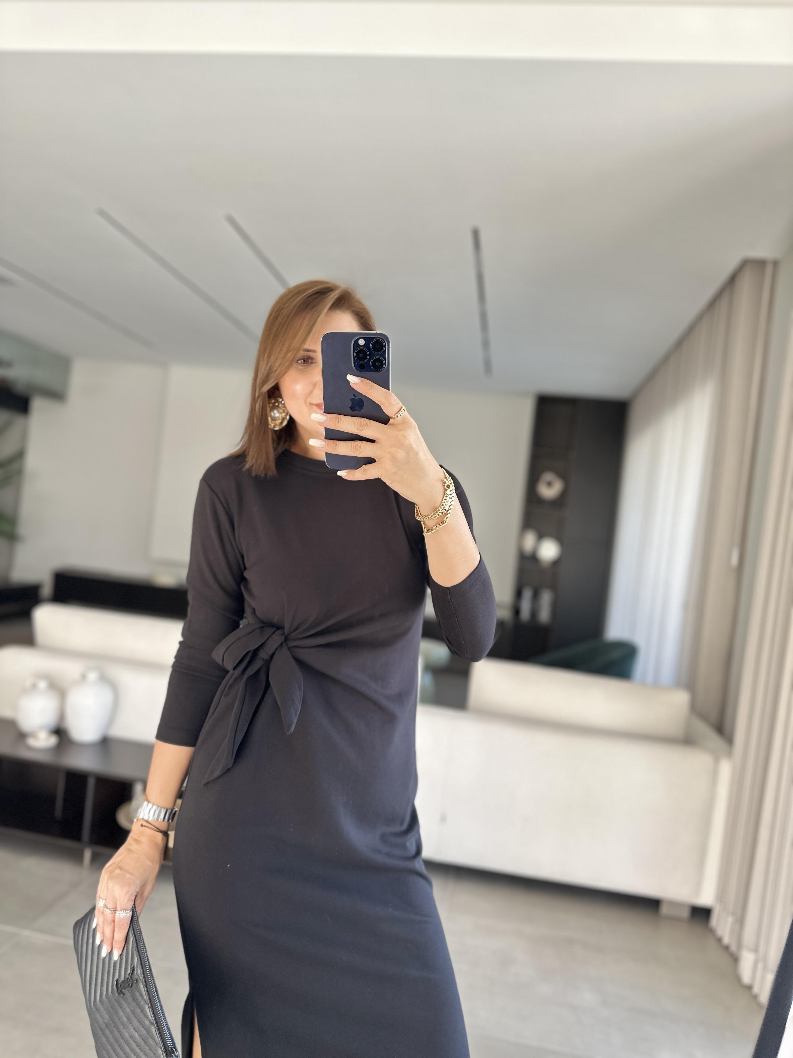 Siyah Lady Kuşaklı Uzun Kollu Elbise