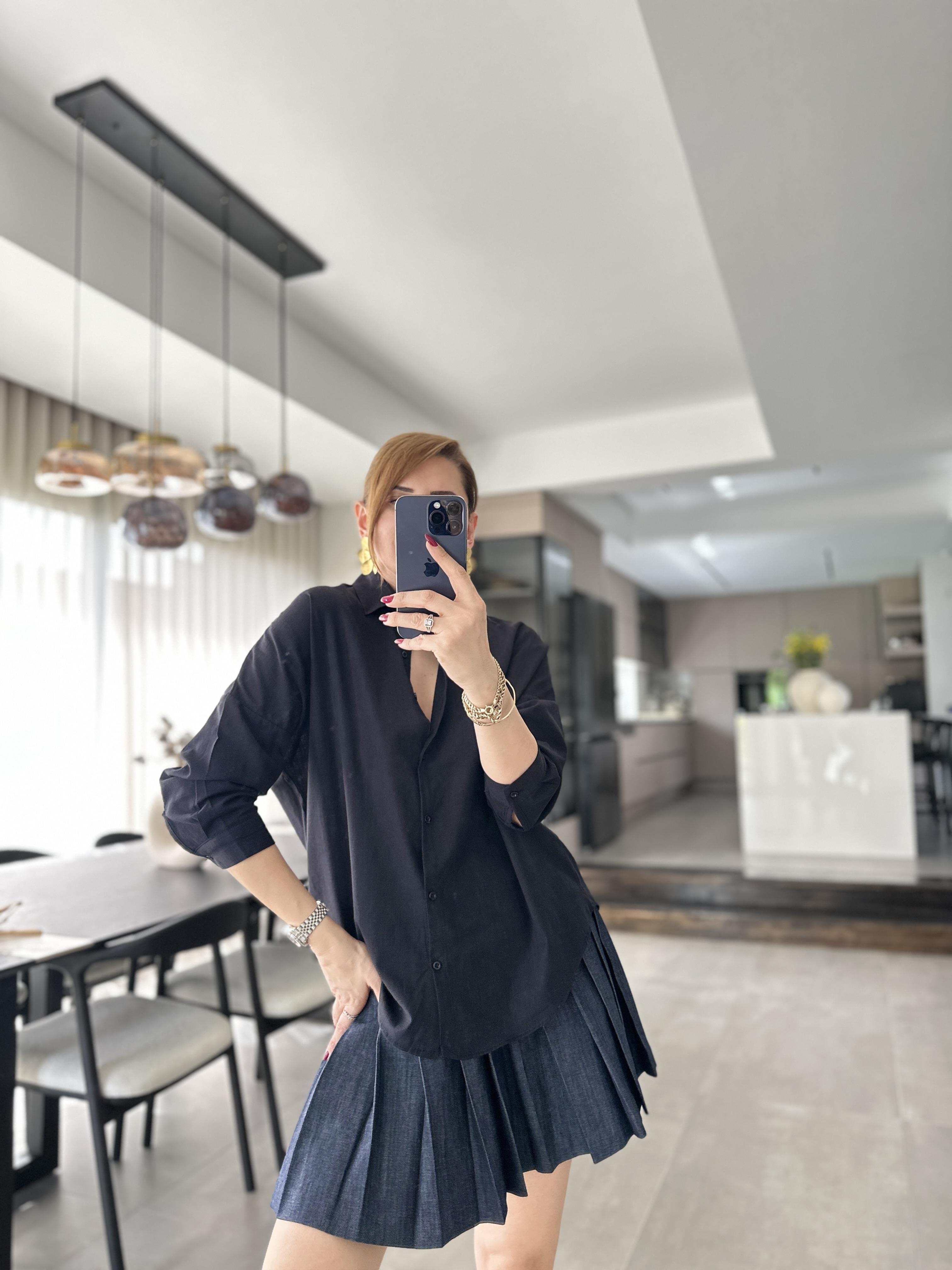 Siyah Oversize Keten Gömlek