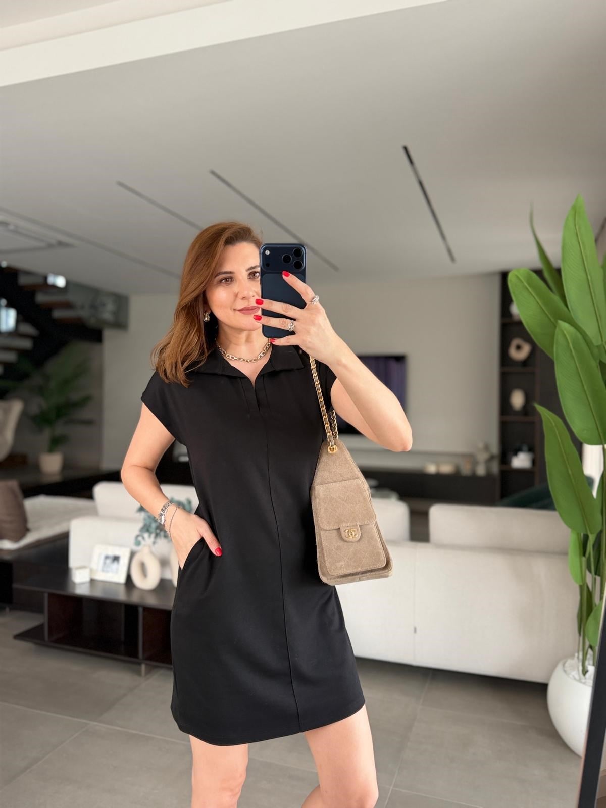 Siyah Polo Yaka Çimalı Cepli Elbise