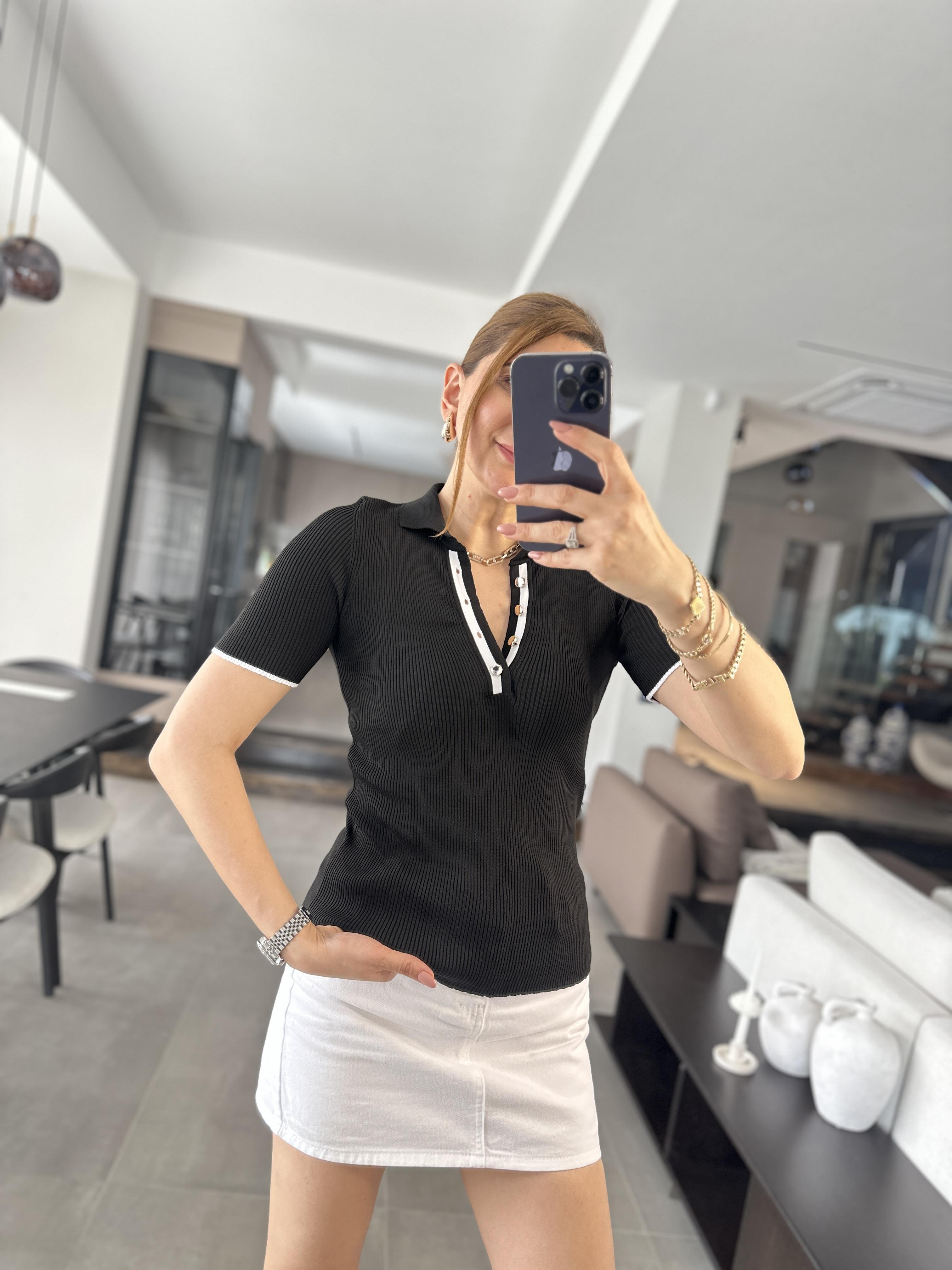 Siyah Polo Yaka Fitilli Bluz