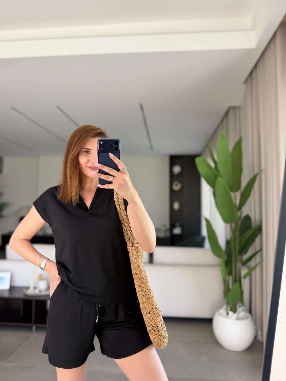 Siyah  Polo Yaka Oys Şort Takım