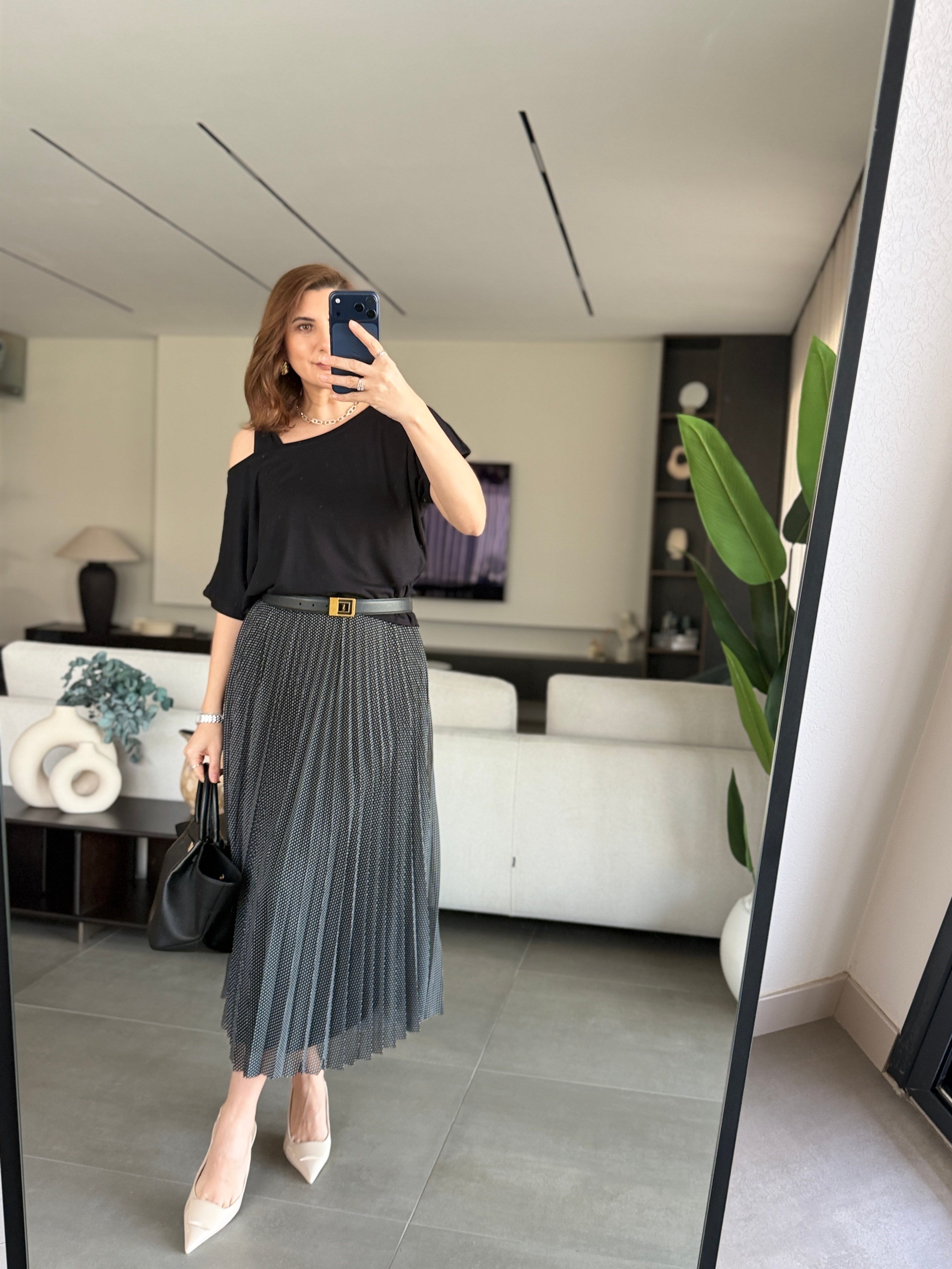 Siyah Puantiye Piliseli İkili Elbise