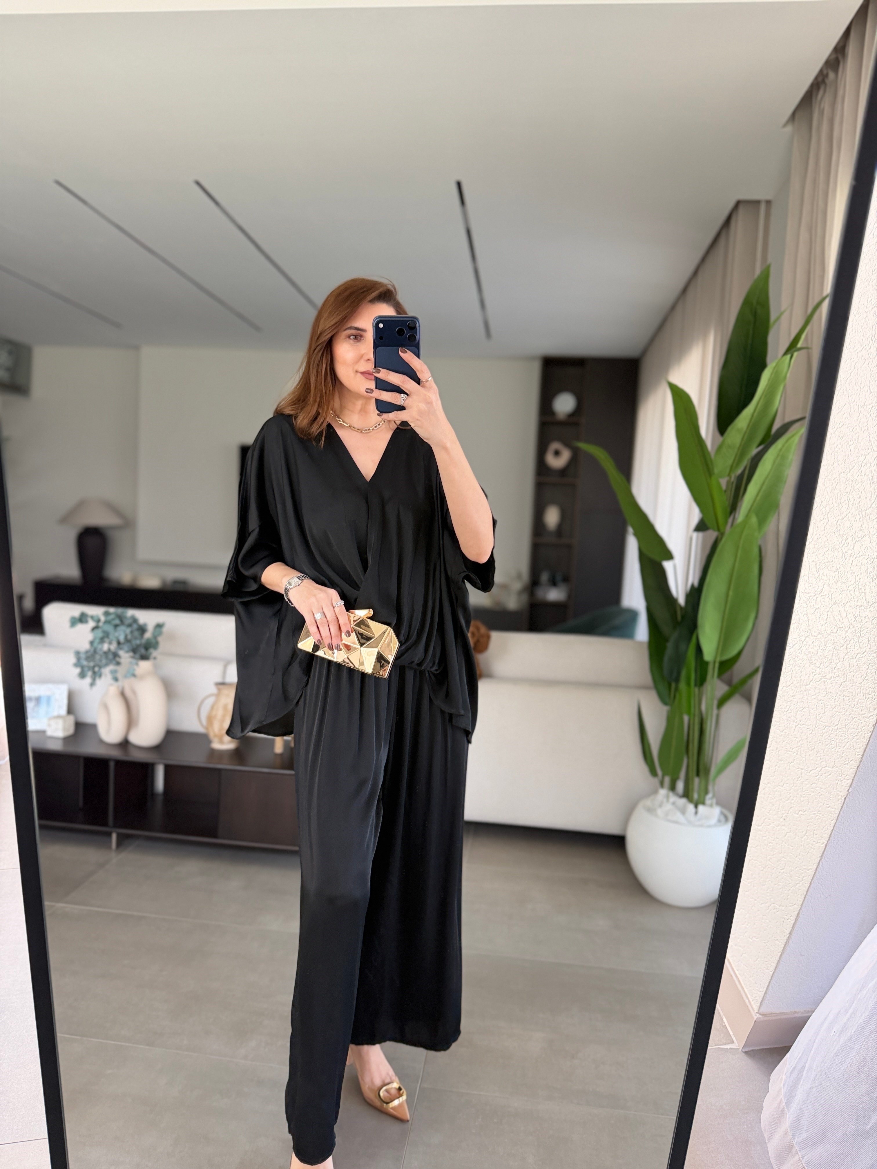 Siyah Venezia Premium İpek Saten Takım
