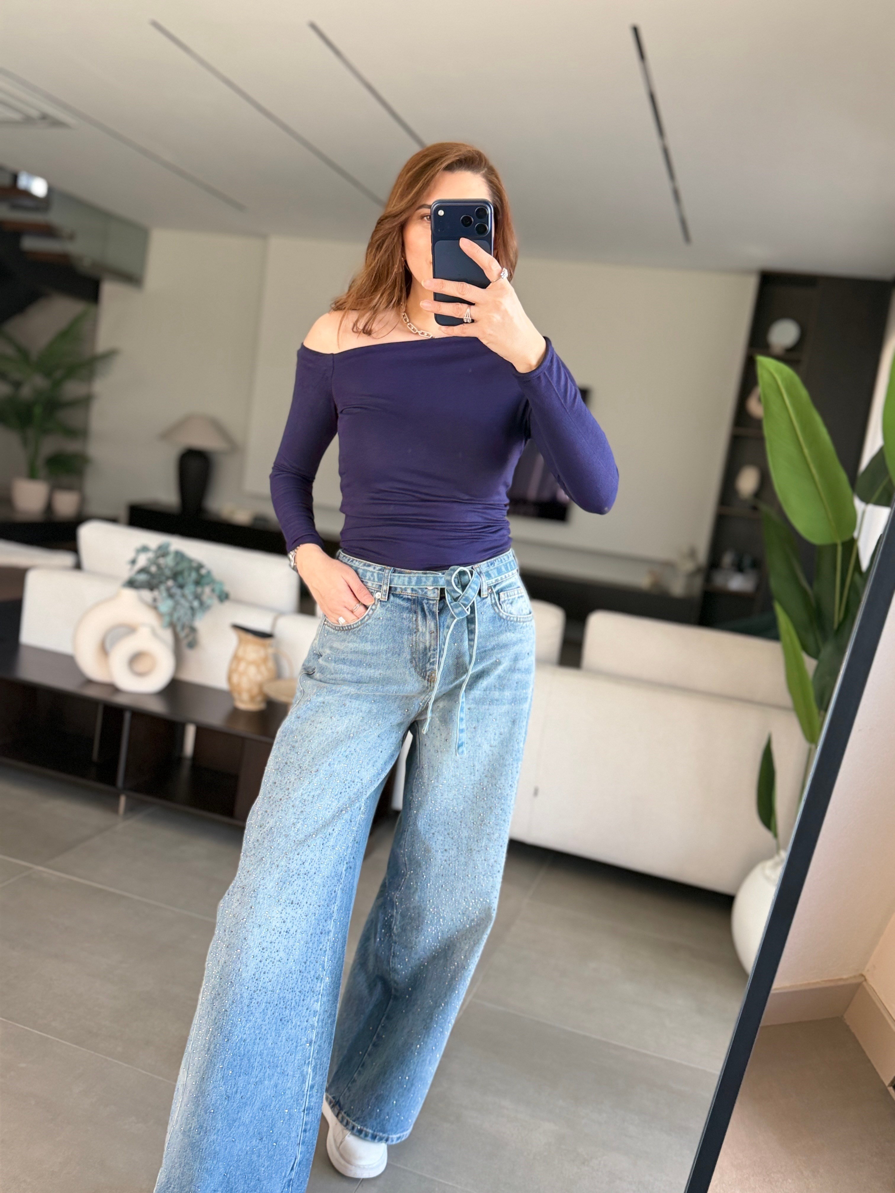 Taşlı Beli Kuşaklı Jean