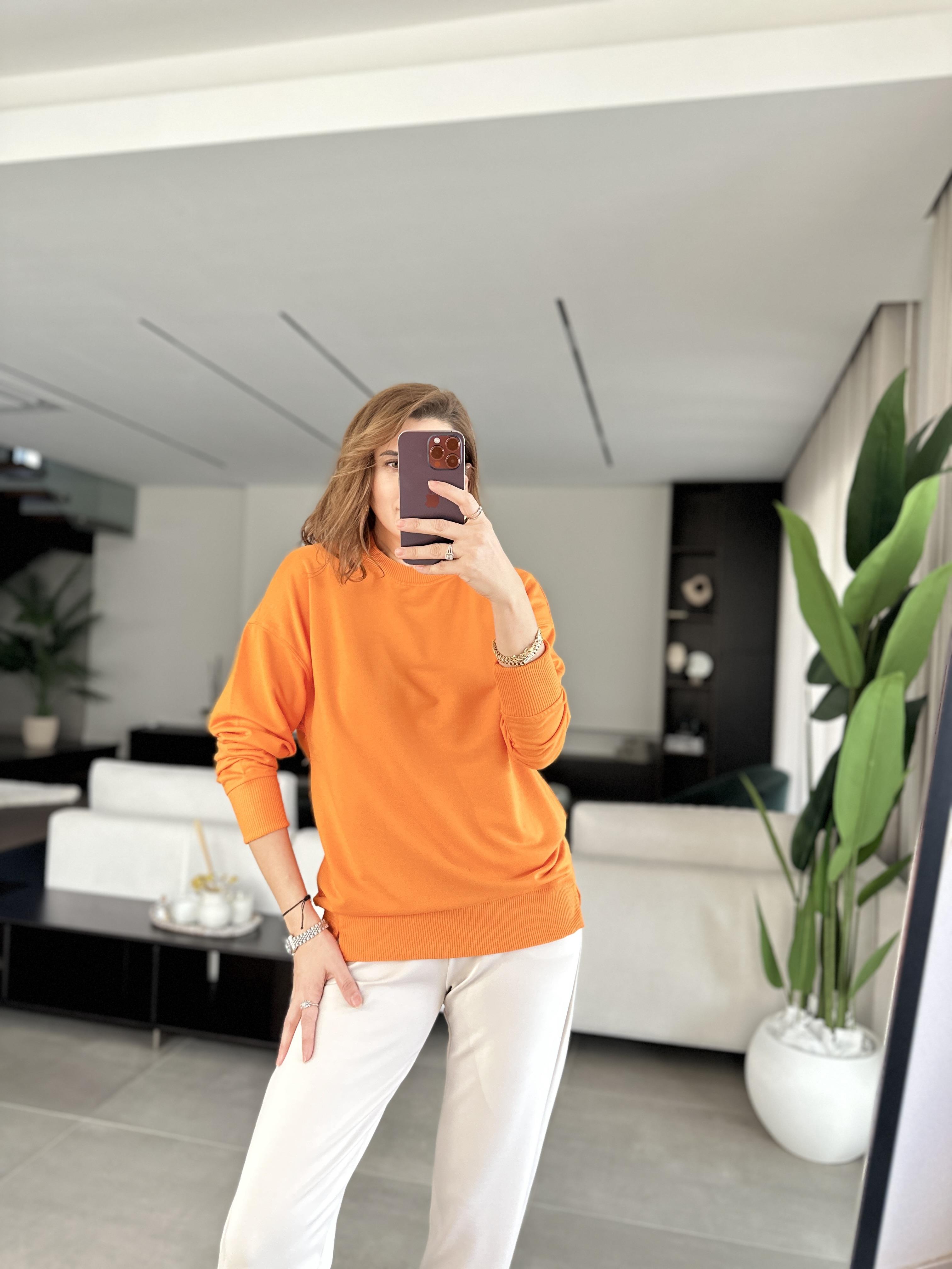 Turuncu Basic Bisiklet Yaka Sweat