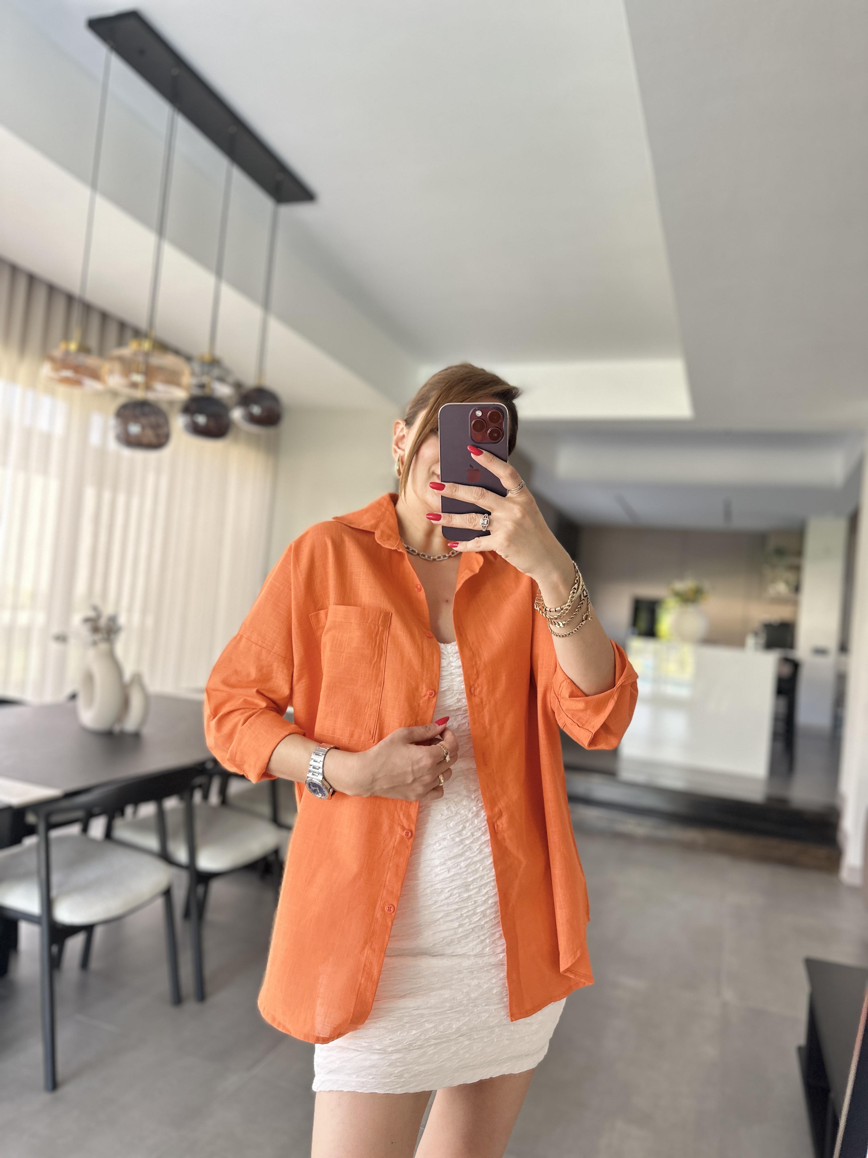 Turuncu Cep Detaylı Oversize Gömlek