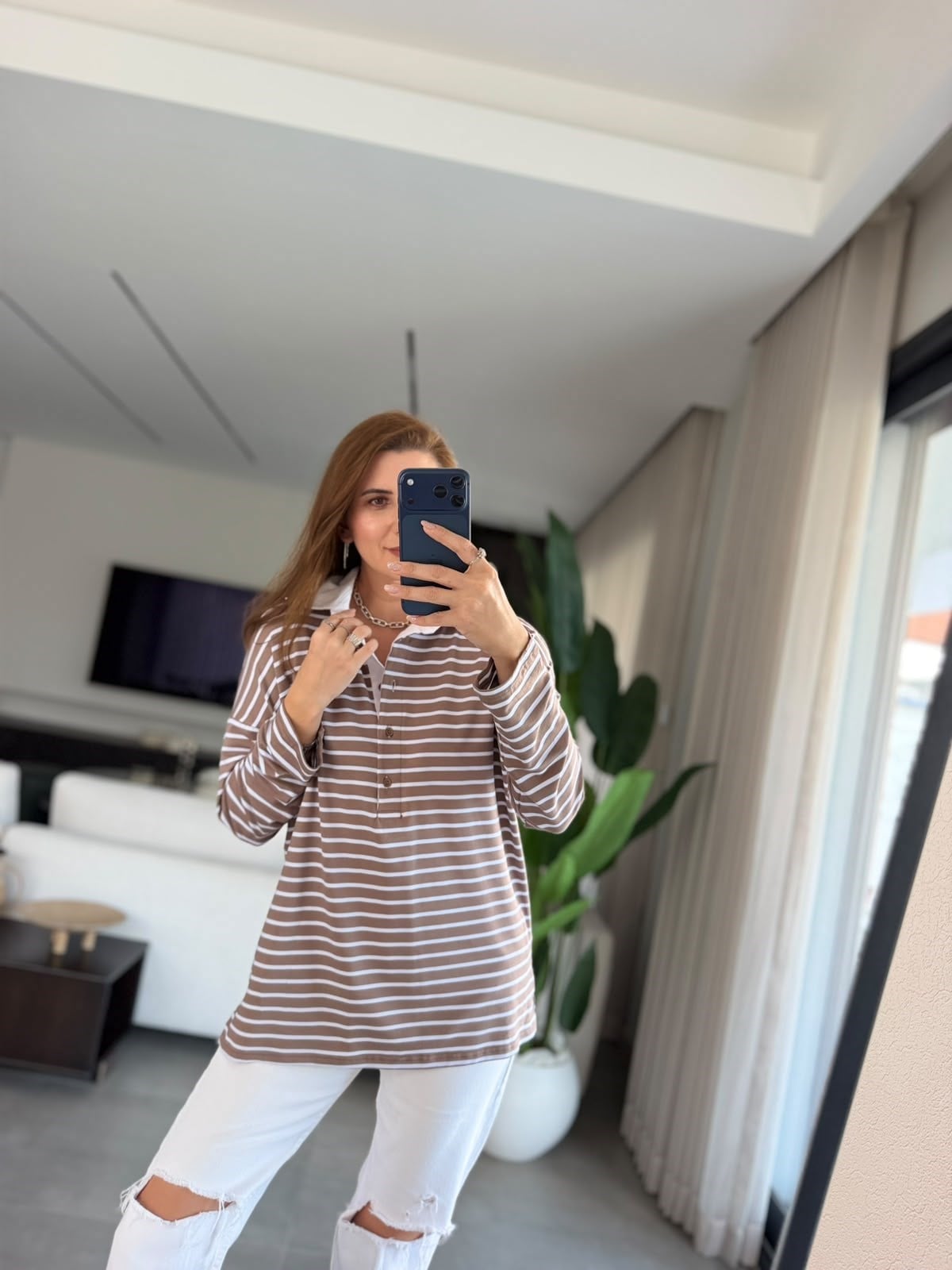 Vizon  Polo Yaka Çizgili Oversize Bluz