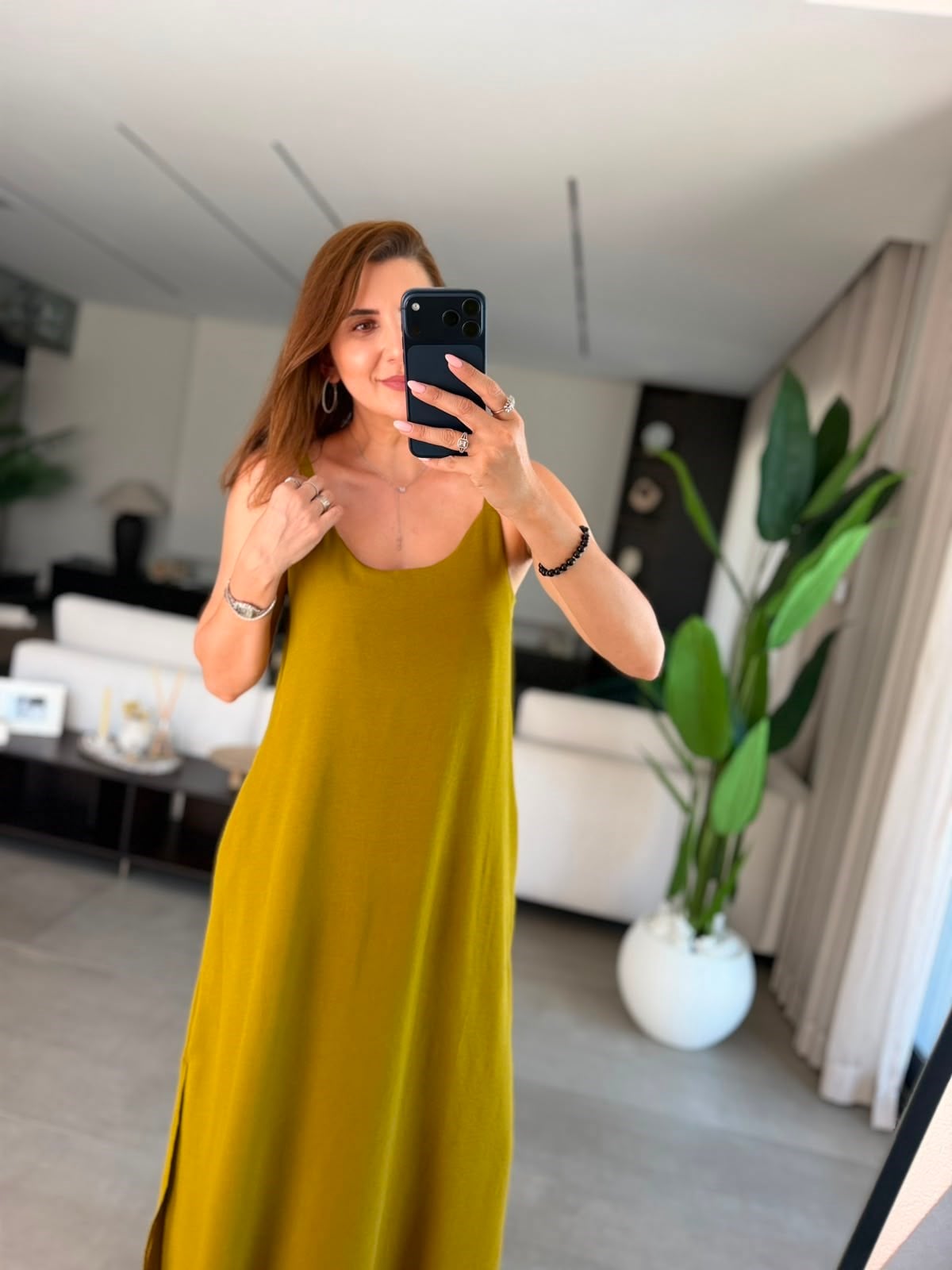 Yağyeşili Tela Askılı Elbise