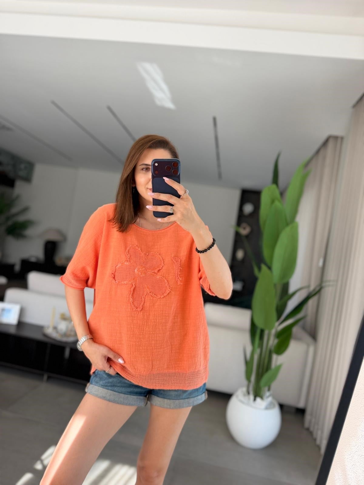 Yavruağzı  Papatya Pullu Keten Bluz