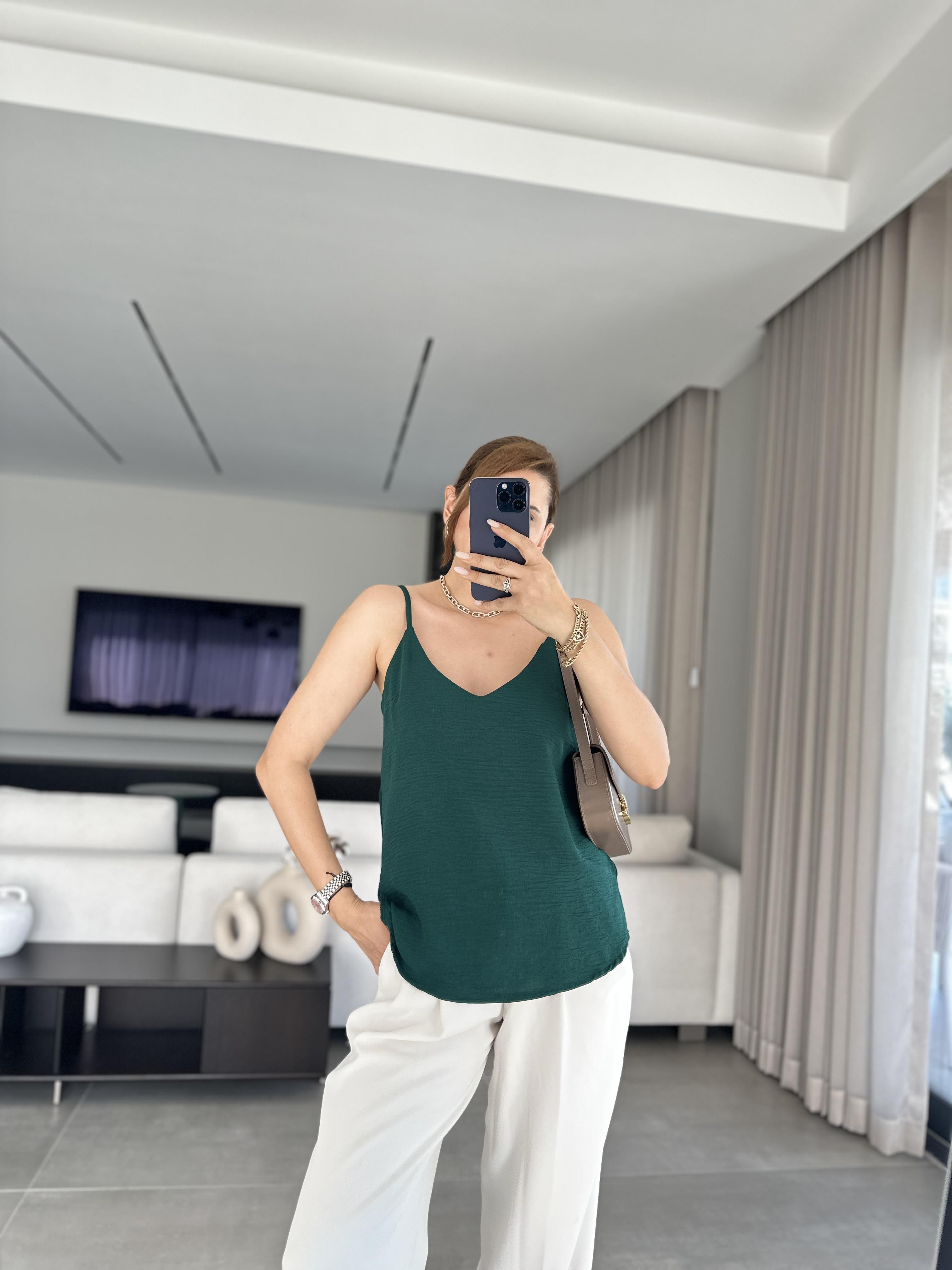 Yeşil Ayrobin İp Askılı Bluz