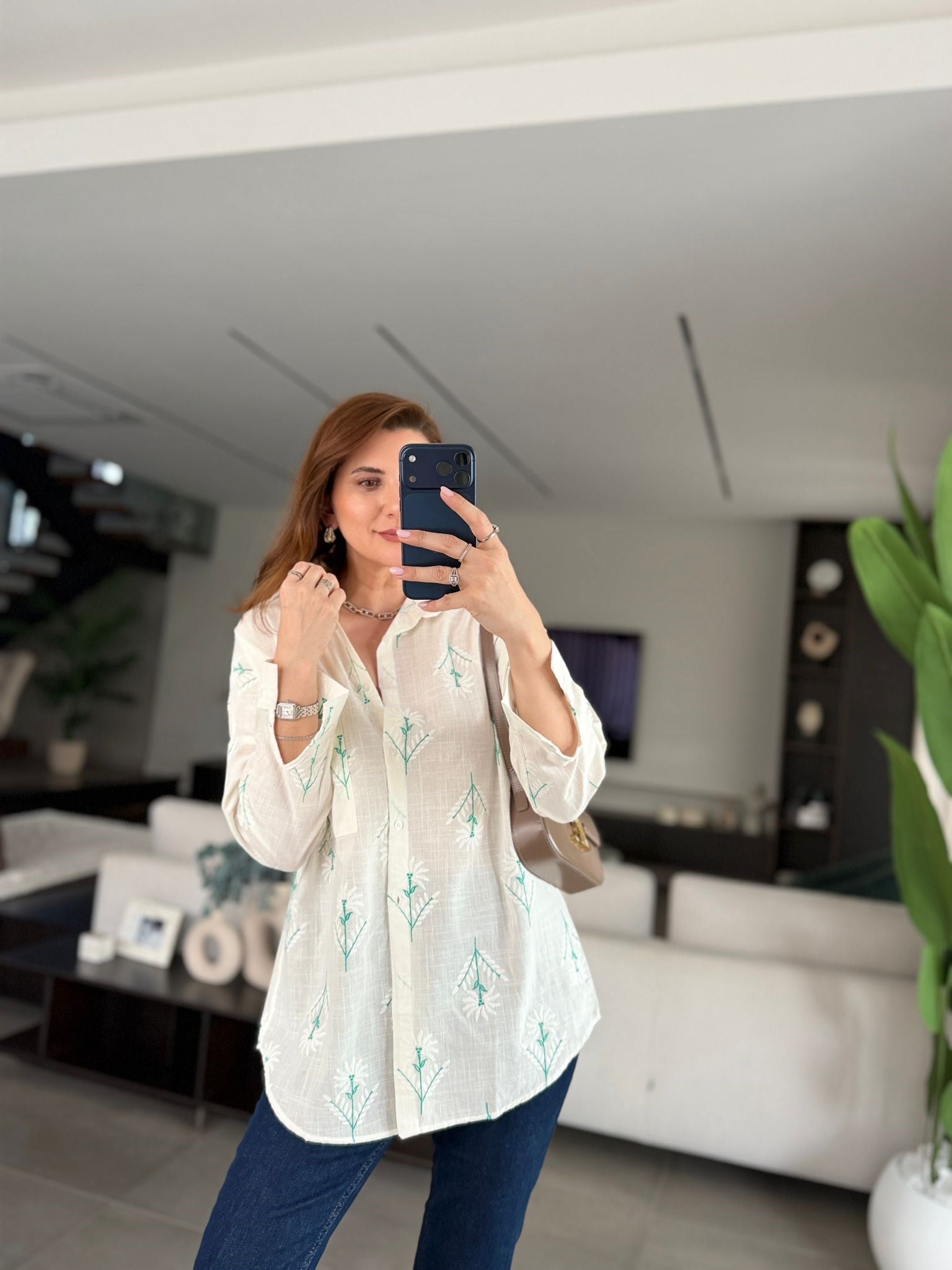 Yeşil Keten Nakışlı Gömlek