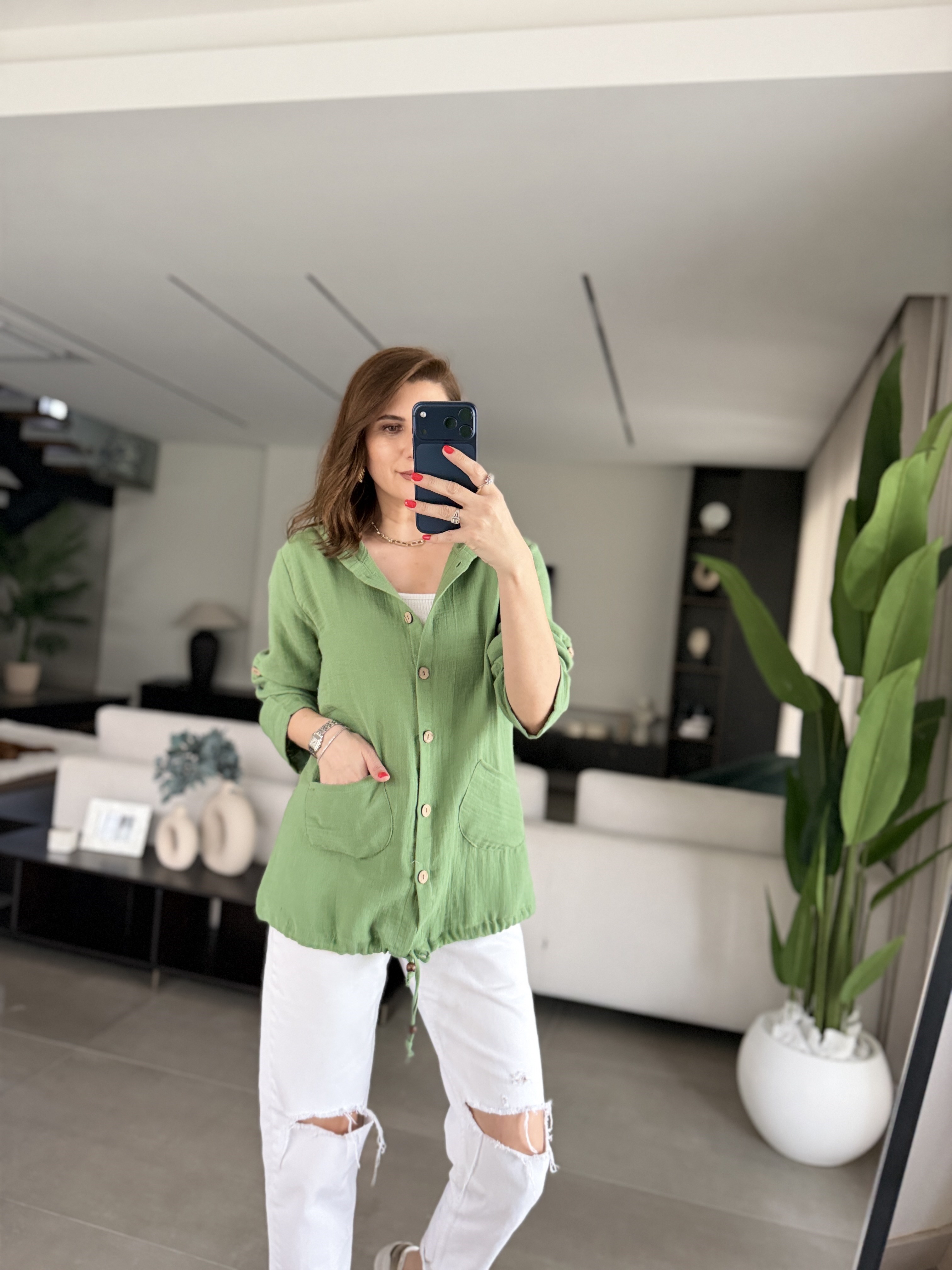 Yeşil Müslin Kapşonlu Ceket