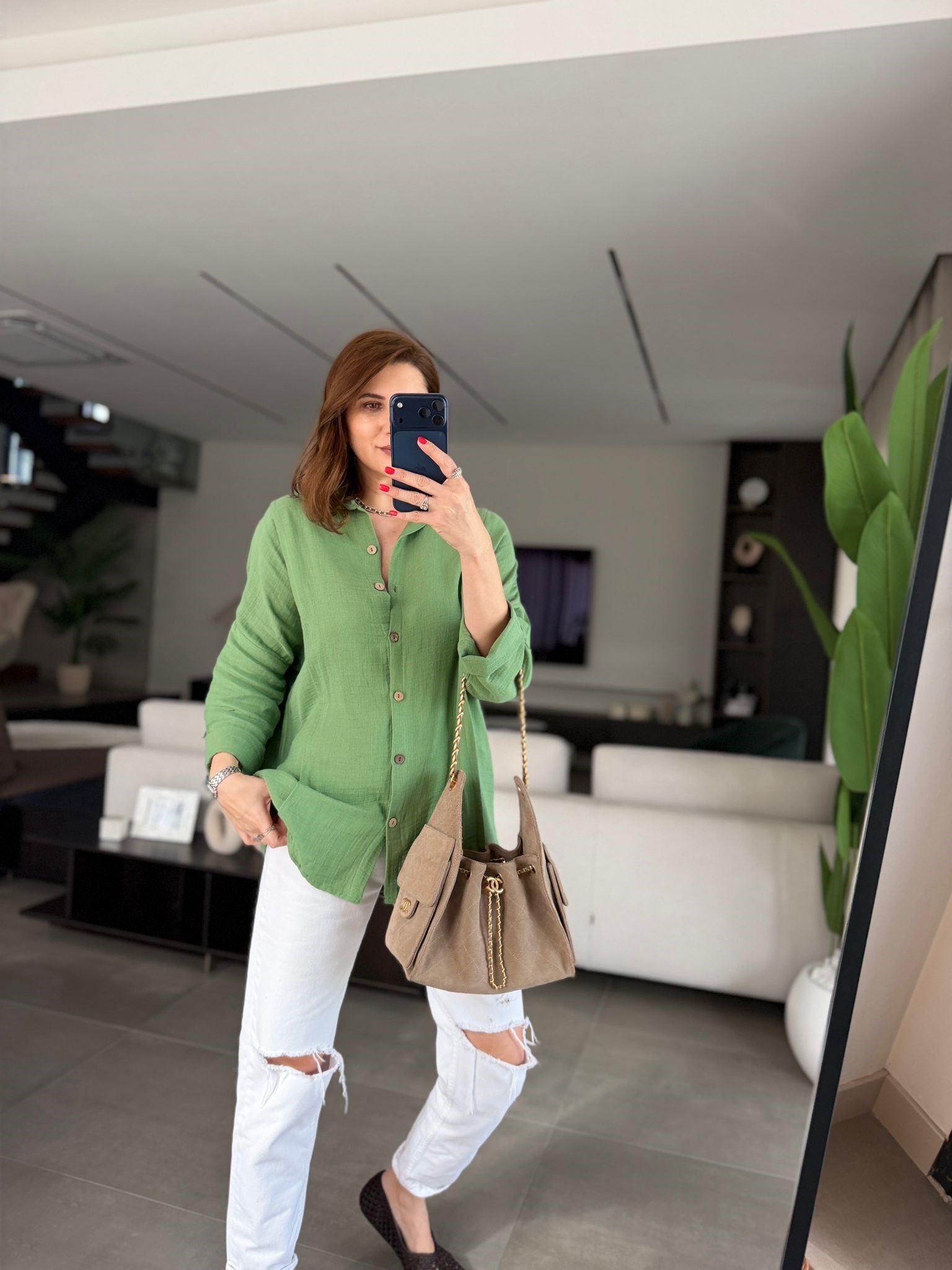 Yeşil Önü Dikiş Detay Oversize Gömlek