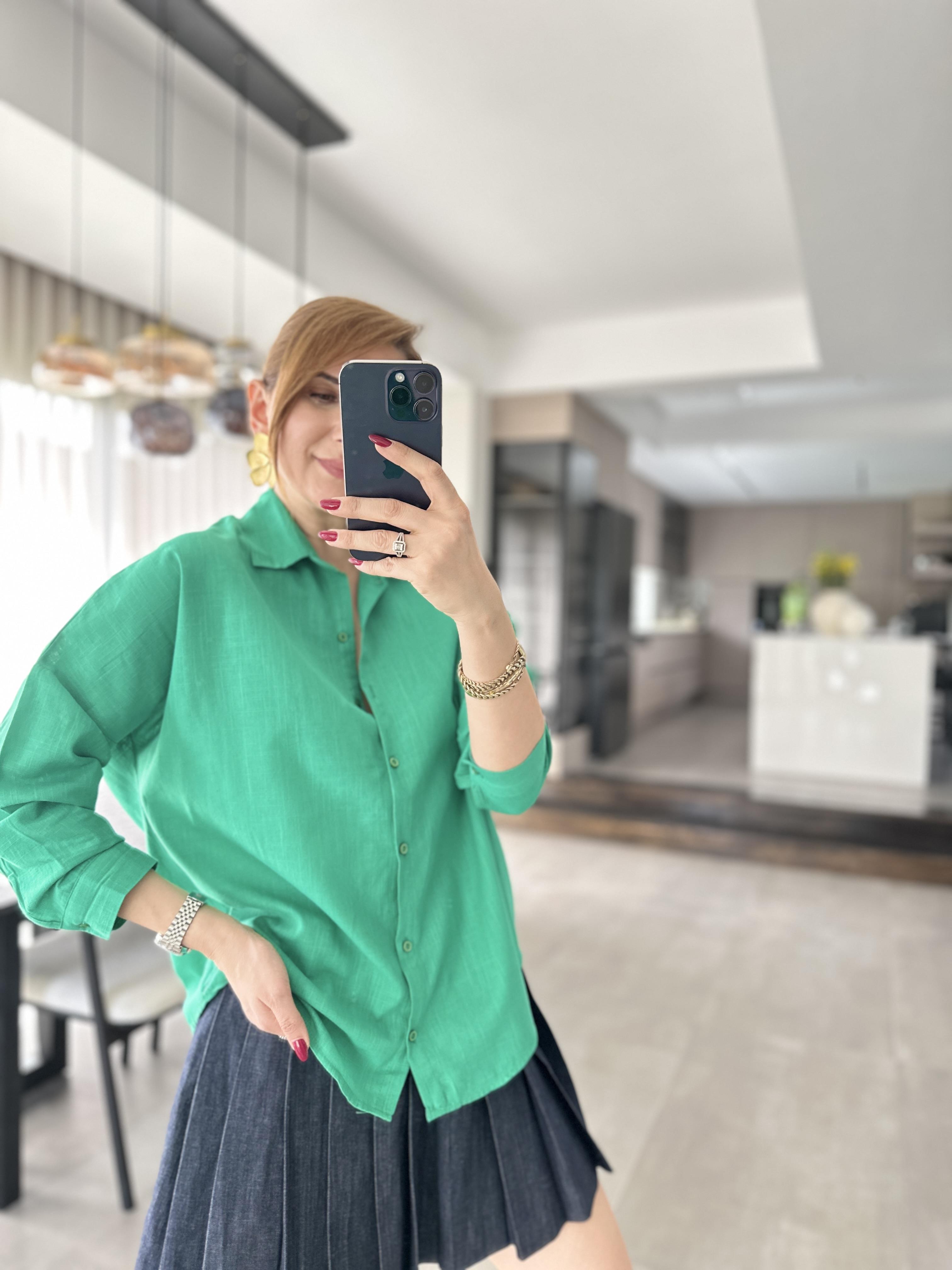 Yeşil Oversize Keten Gömlek
