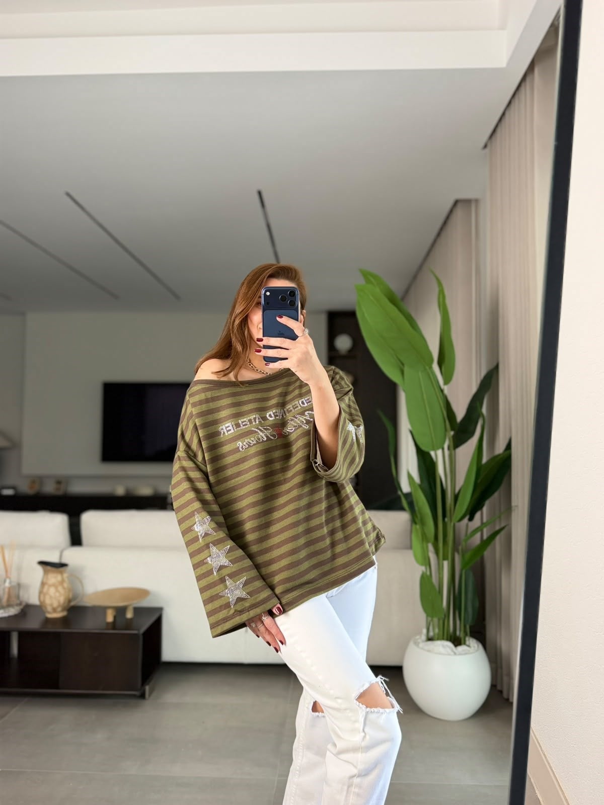 Yeşil  Pırıltı Çizgi Sweatshırt