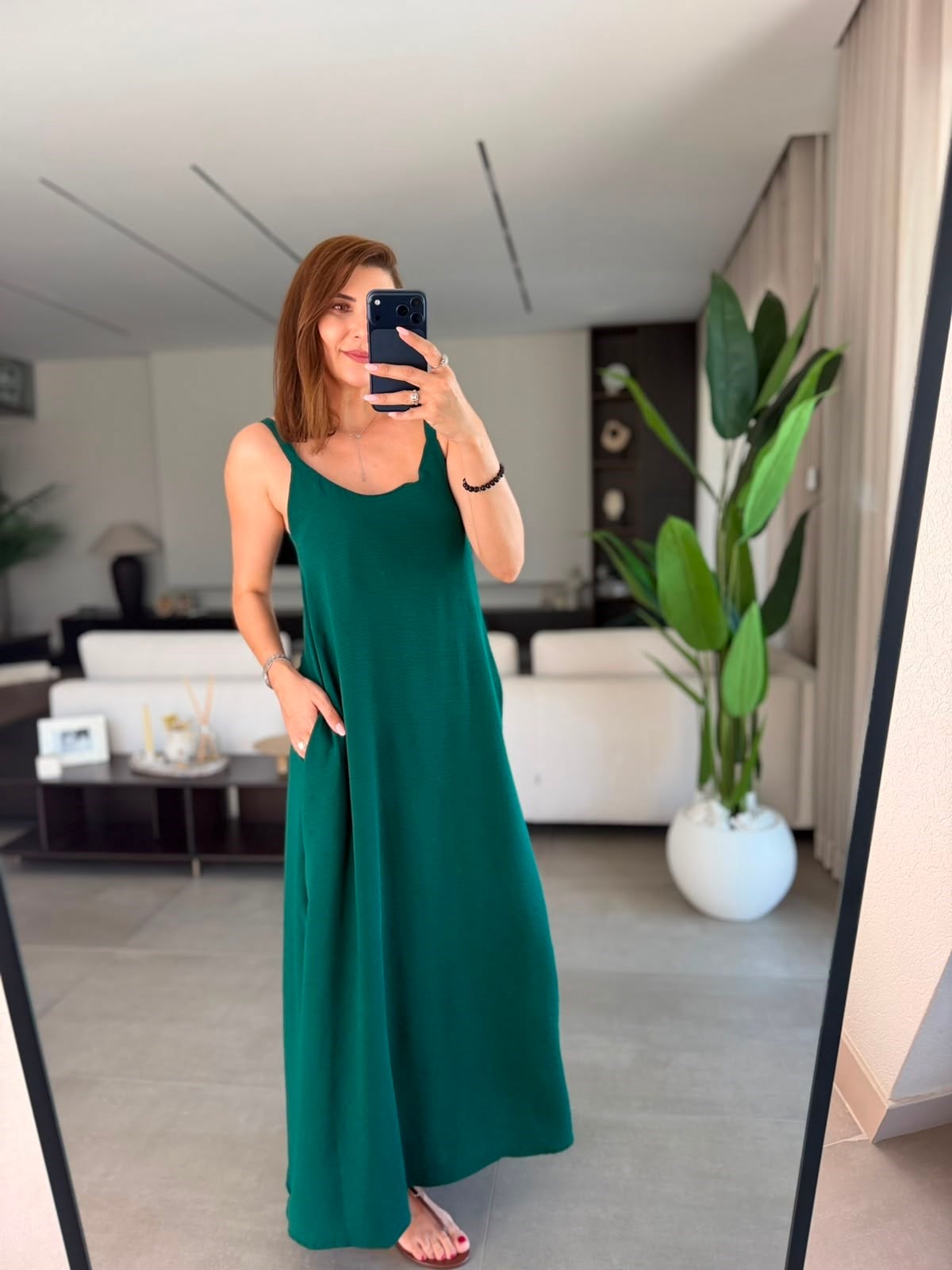 Zümrütyeşili Tela Askılı Elbise