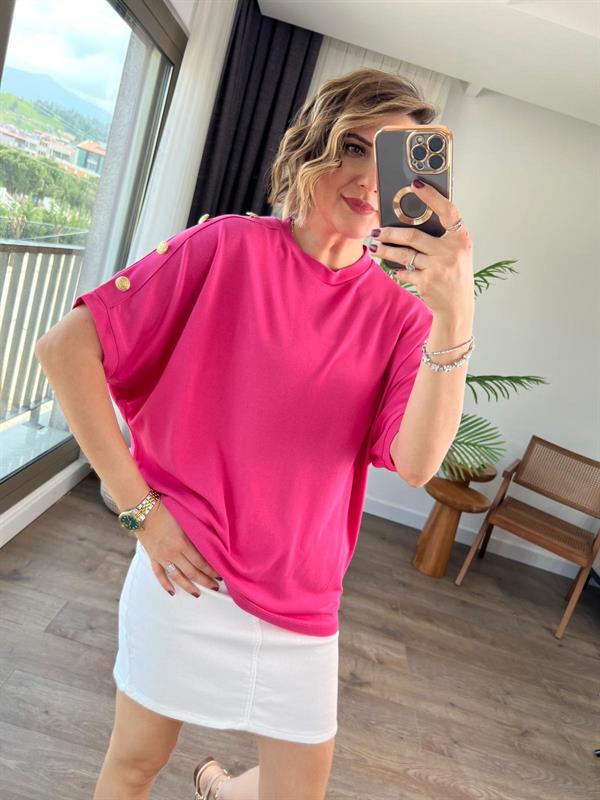 TEK OMUZ DÜĞME DETAYLI TRİKO BLUZ PEMBE