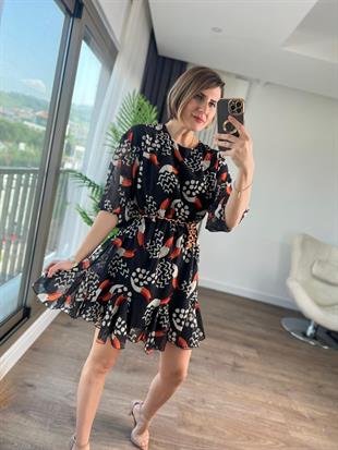BEL LASTIKLI ŞİFON ELBİSE