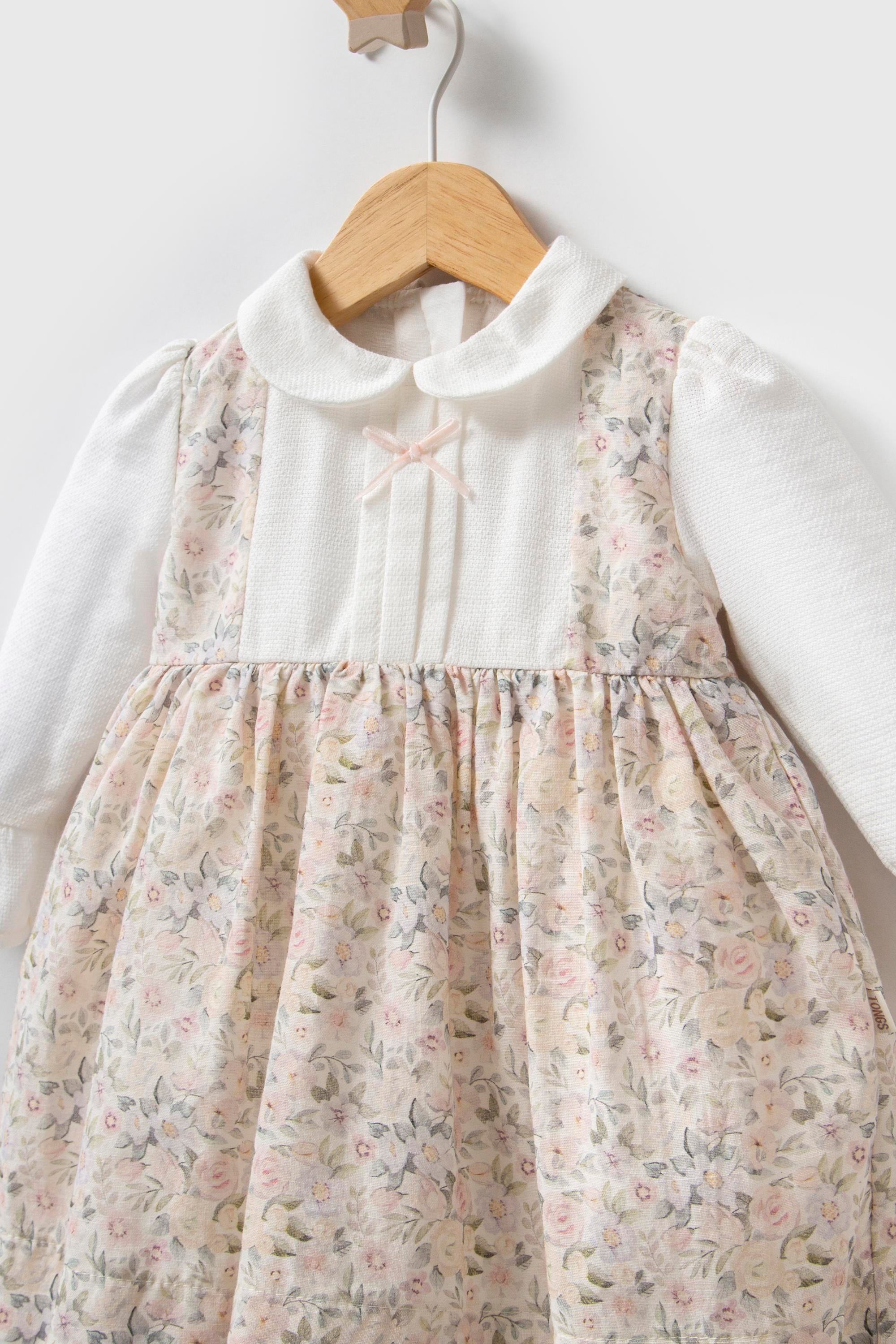 Myroka Kız Bebek Mevsimlik Çiçek Desen Elbise Ekru