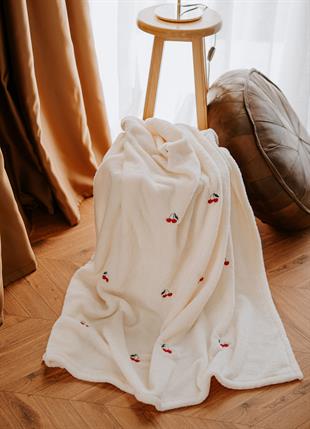 Myroka Welsoft Battaniye Krem Kiraz Desen Nakışlı