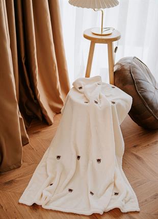 Myroka Welsoft Battaniye Krem Ayıcık Desen Nakışlı