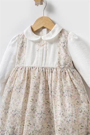 Myroka Kız Bebek Mevsimlik Çiçek Desen Elbise Ekru