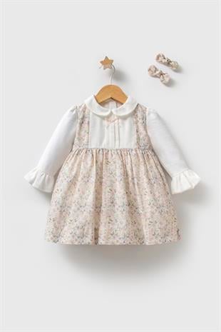 Myroka Kız Bebek Mevsimlik Çiçek Desen Elbise Ekru