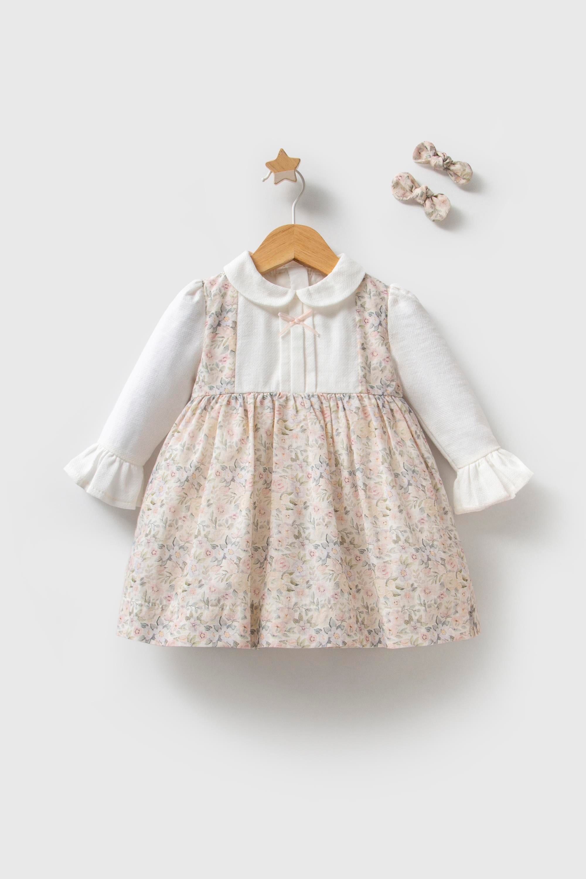 Myroka Kız Bebek Mevsimlik Çiçek Desen Elbise Ekru