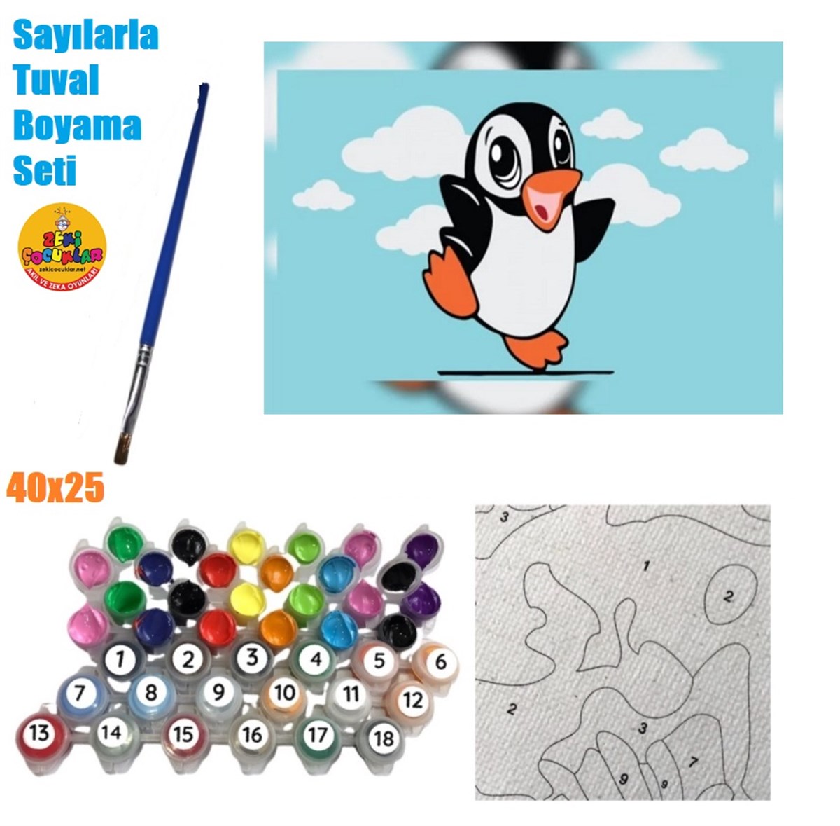 Sayılarla Tuval Boyama Ahşap Çerçeveli Penguen + Fırça + Akrilik Boyalar