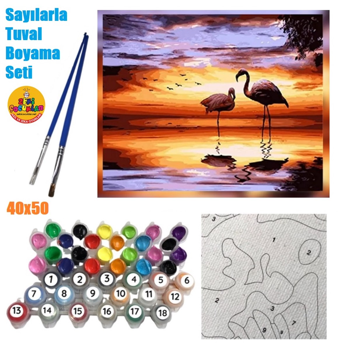Sayılarla Tuval Boyama Ahşap Çerçeveli Deniz ve Kuğular + Fırça + Akrilik Boyalar