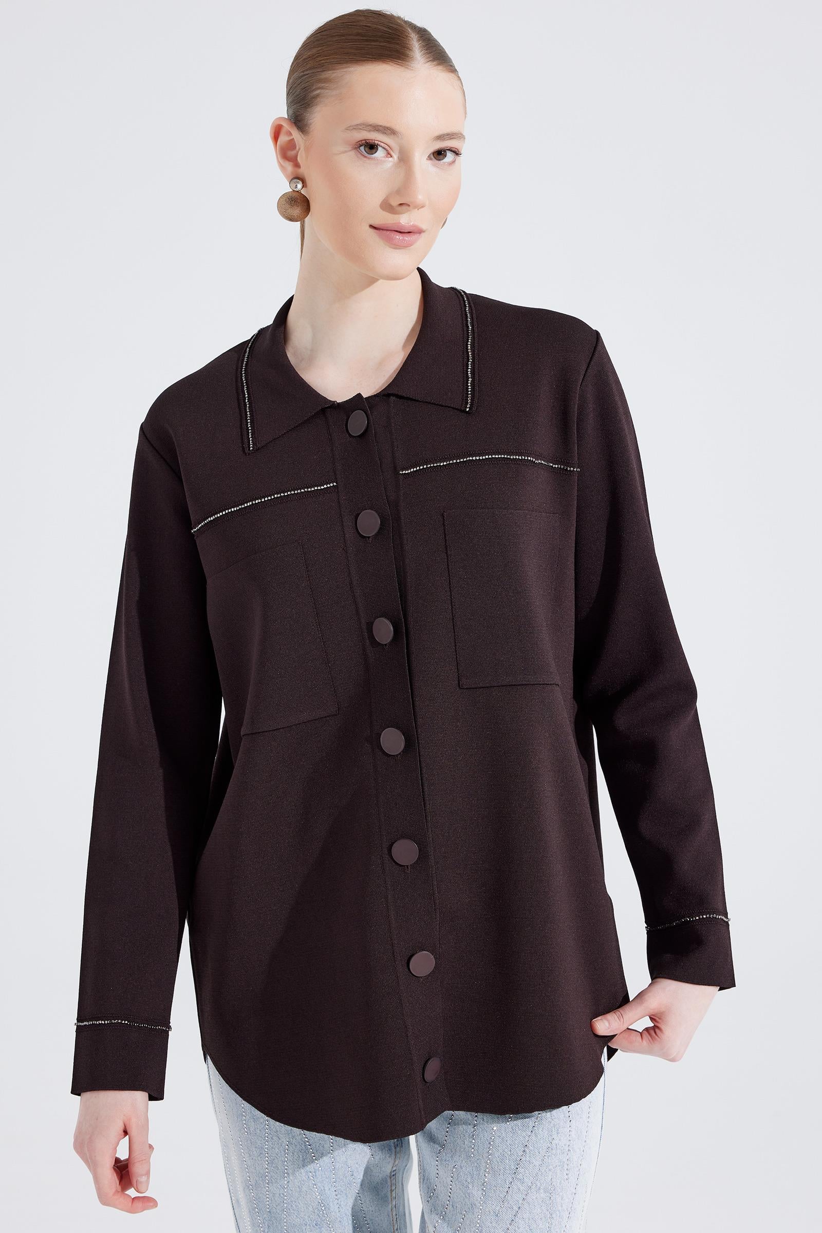 Cep Detaylı Polo Yakalı Rayon Triko Hırka KAHVE