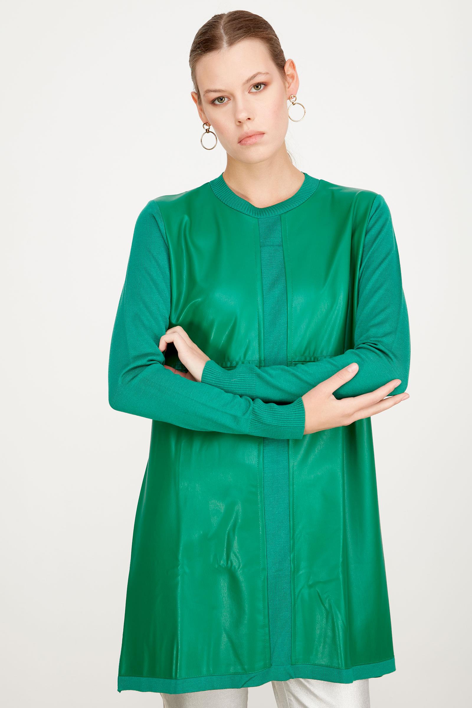 DERİ DETAYLI TRİKO TUNİK YEŞİL