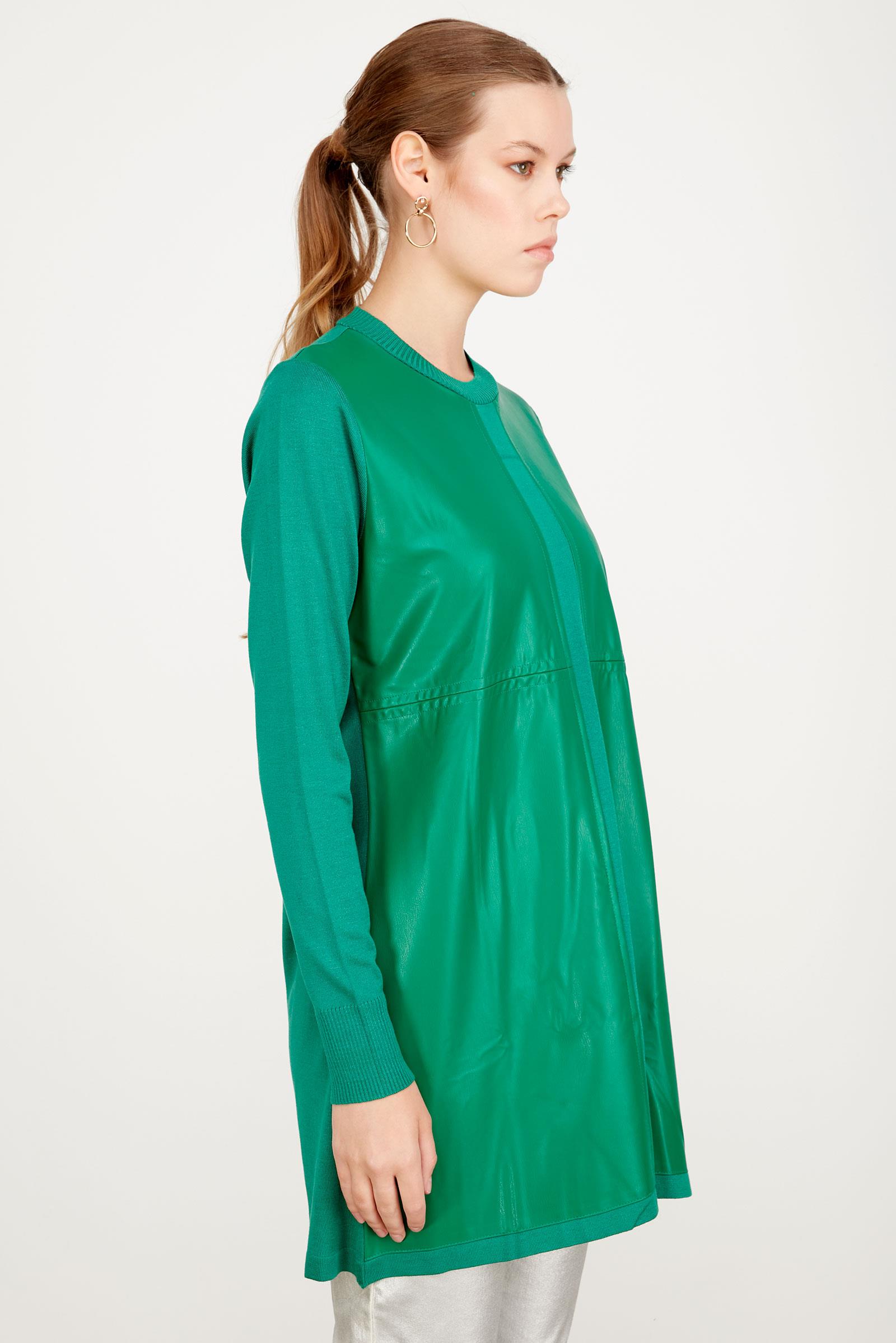 DERİ DETAYLI TRİKO TUNİK YEŞİL