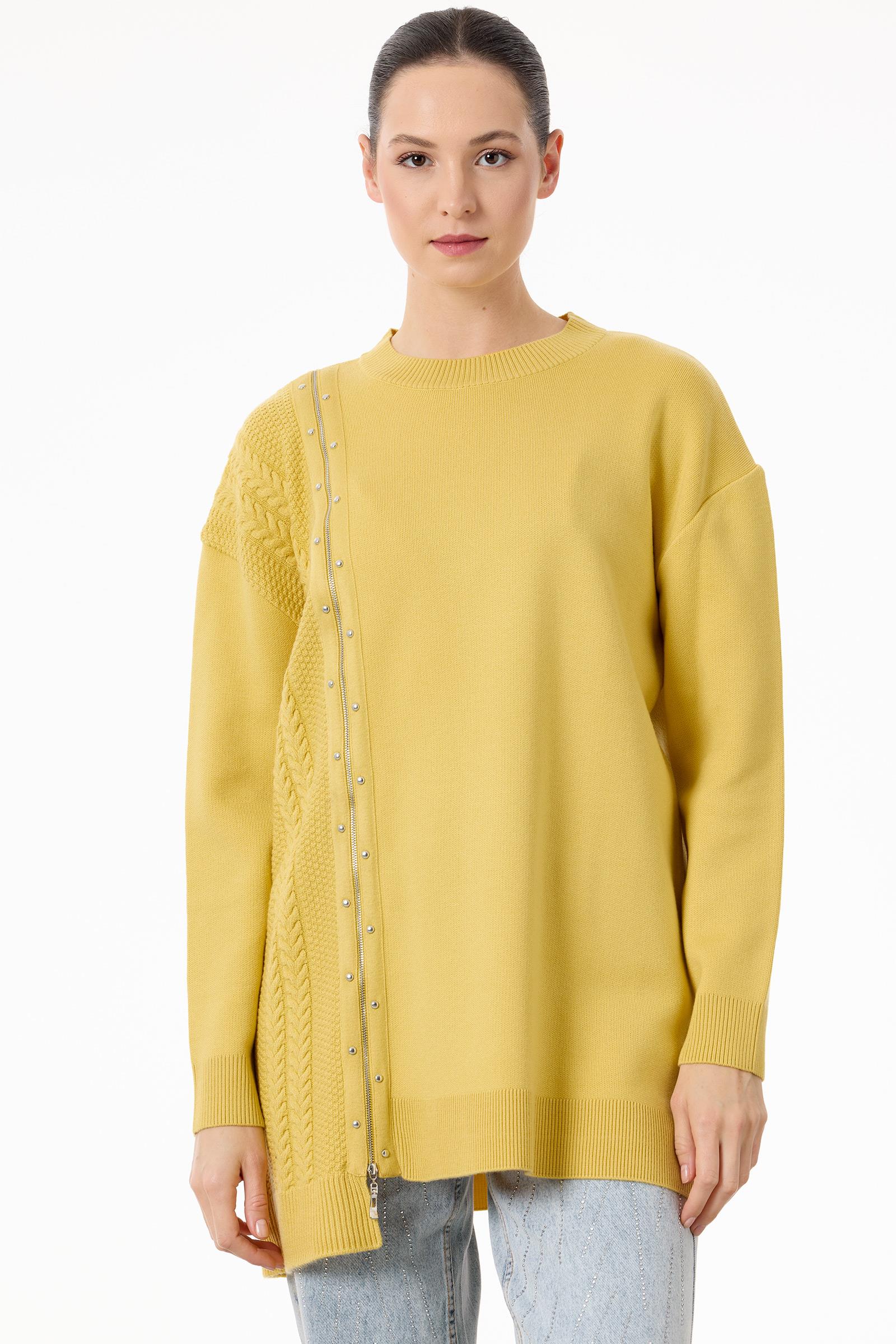 Fermuar Detaylı Triko Tunik SARI