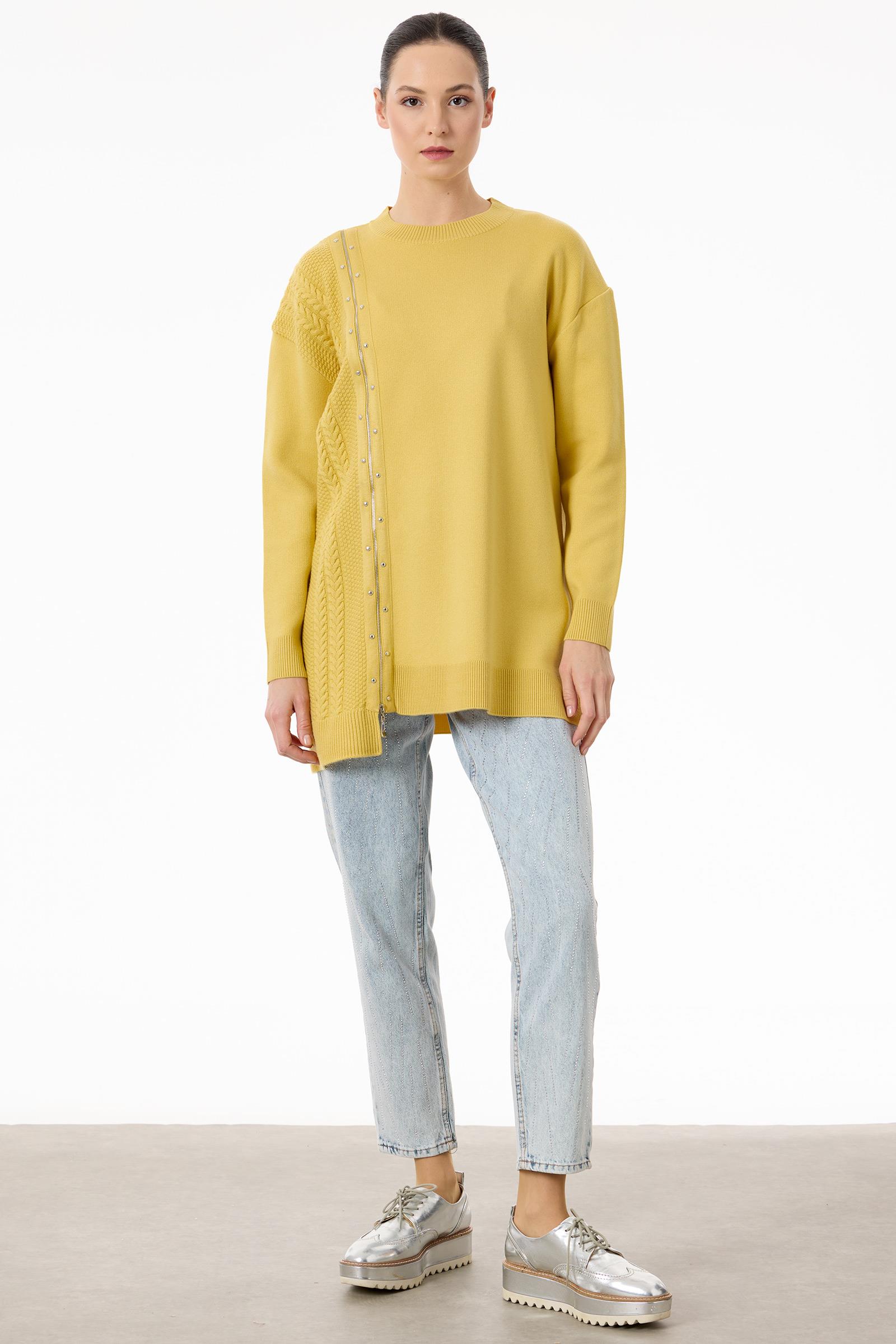 Fermuar Detaylı Triko Tunik SARI