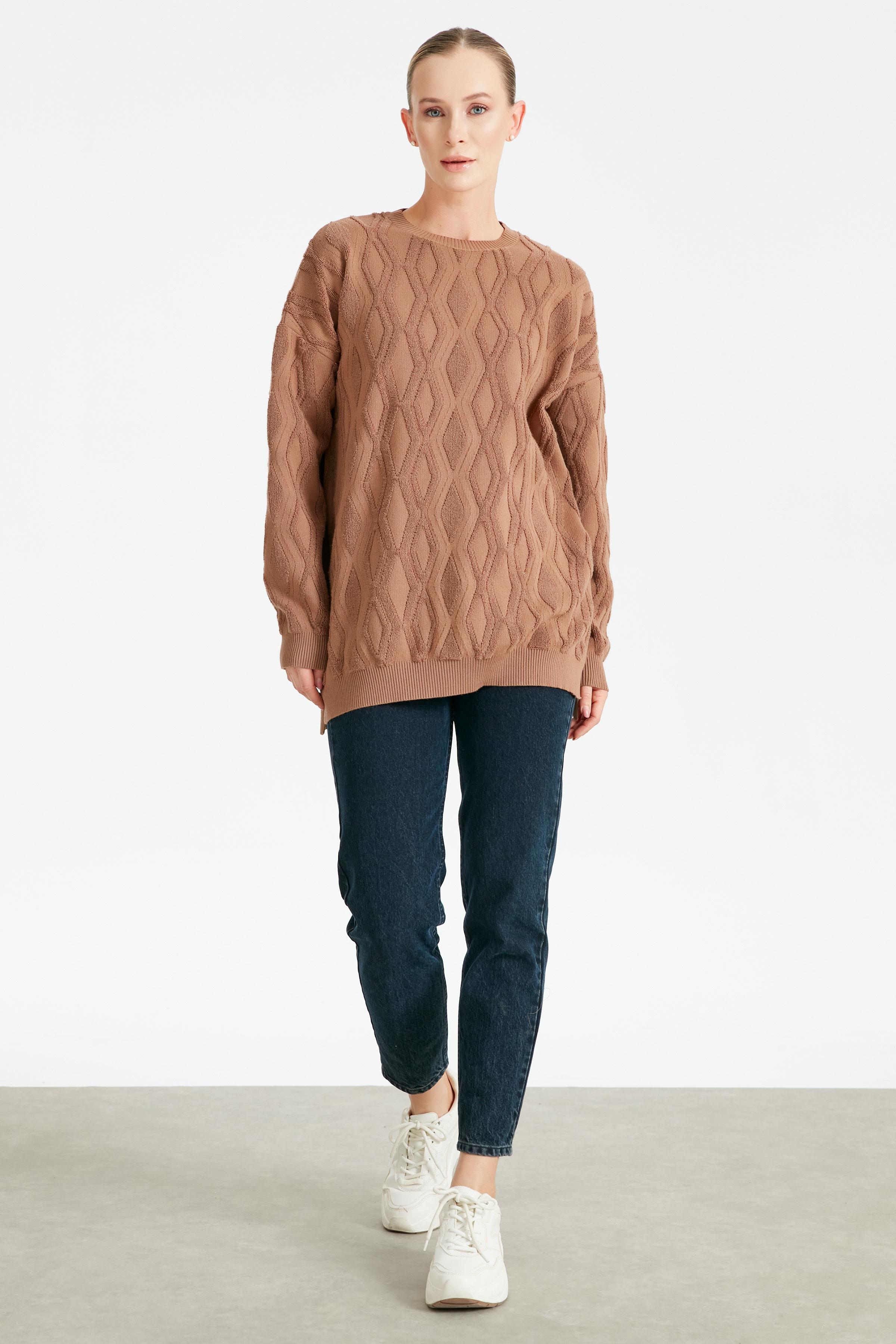 Kapartma Desenli Triko Tunik CAMEL
