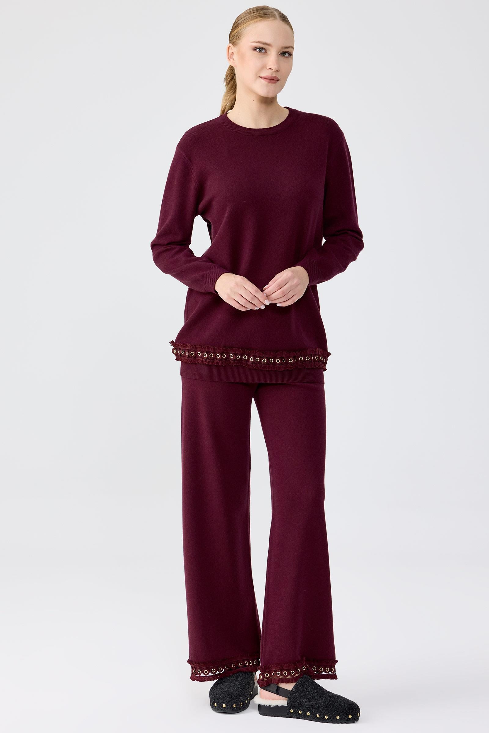 Kuş Gözü Aksesuarlı Pantolonlu Triko Takım BORDO