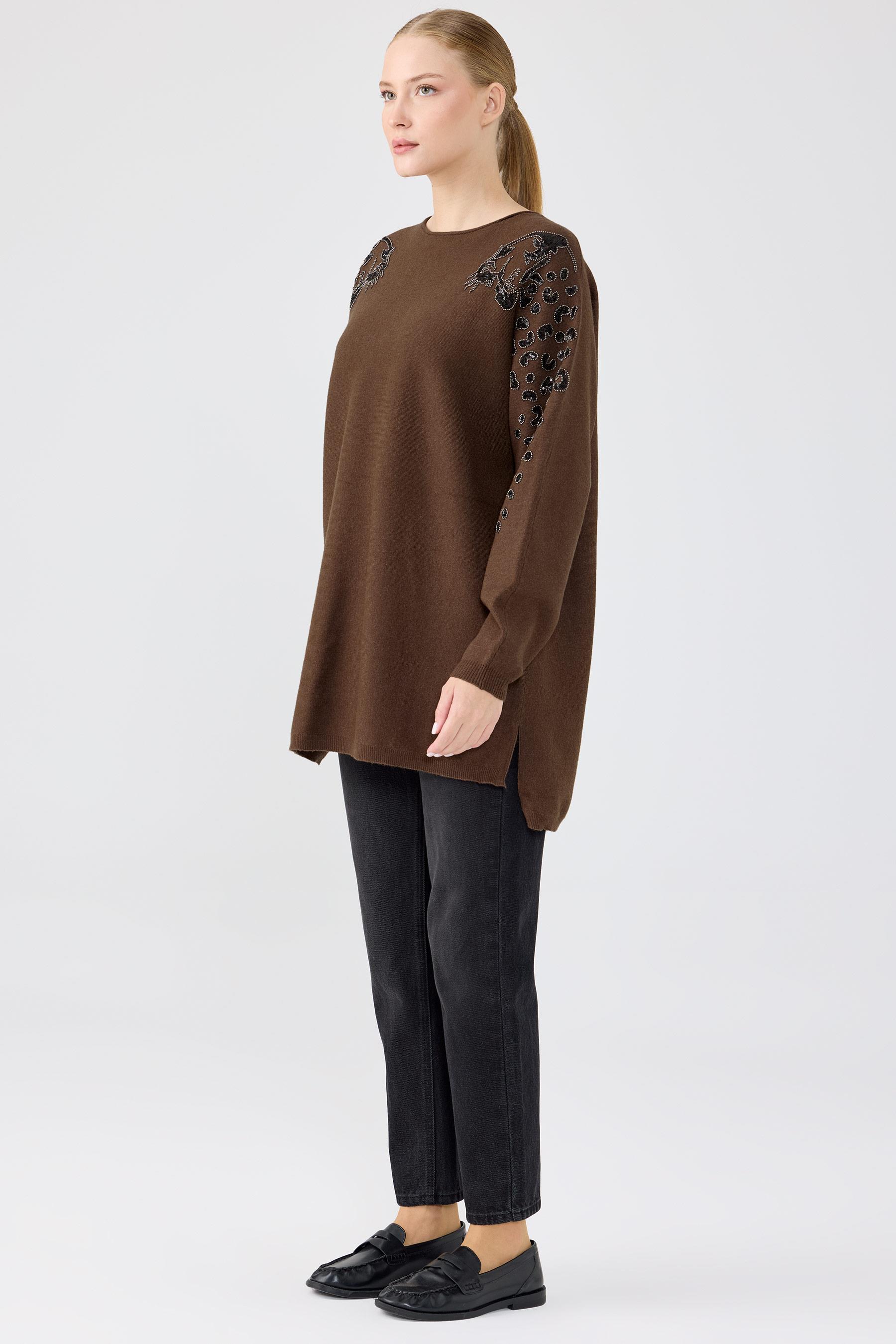 Leopar Taş işlemeli Bluz KAHVE