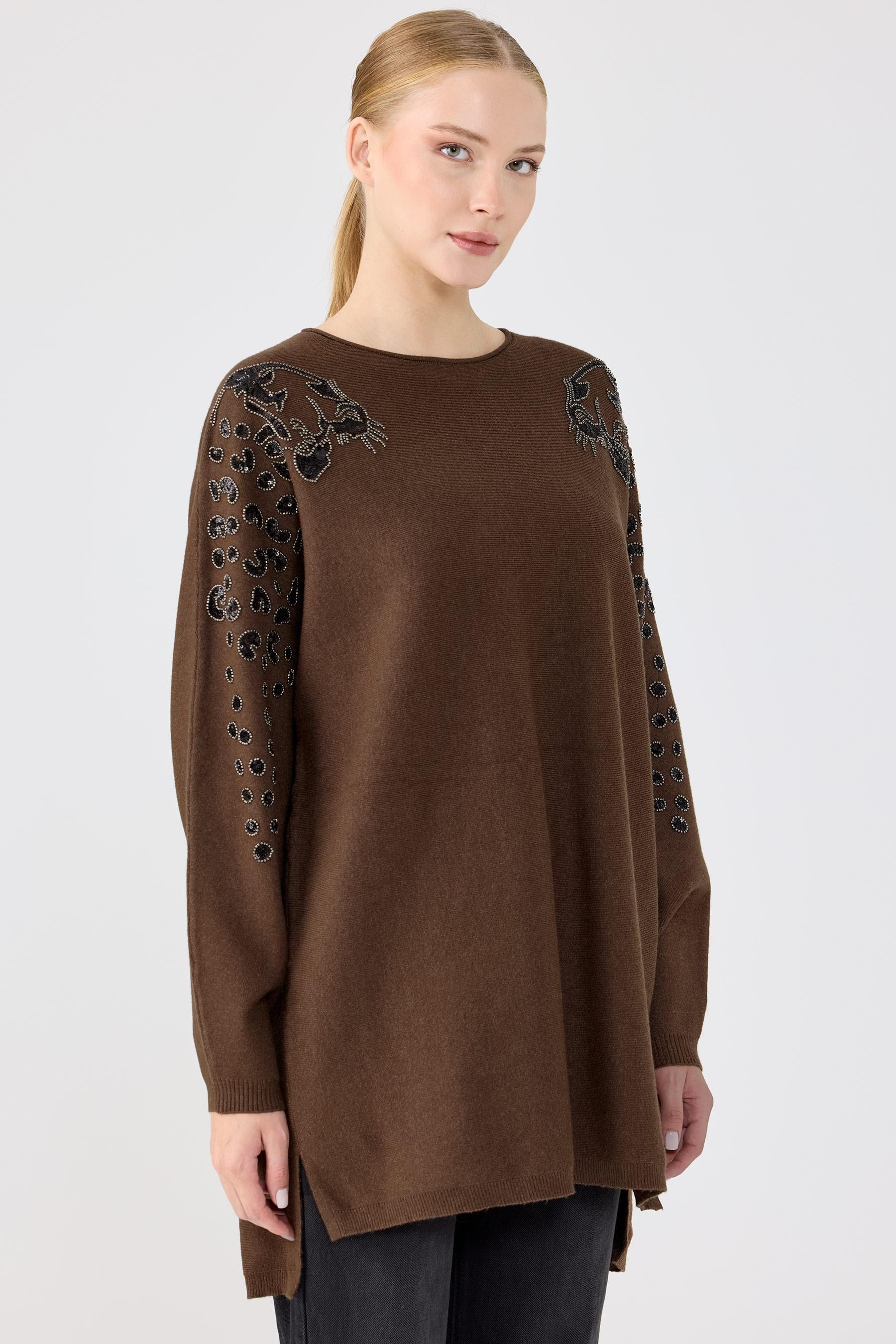 Leopar Taş işlemeli Bluz KAHVE