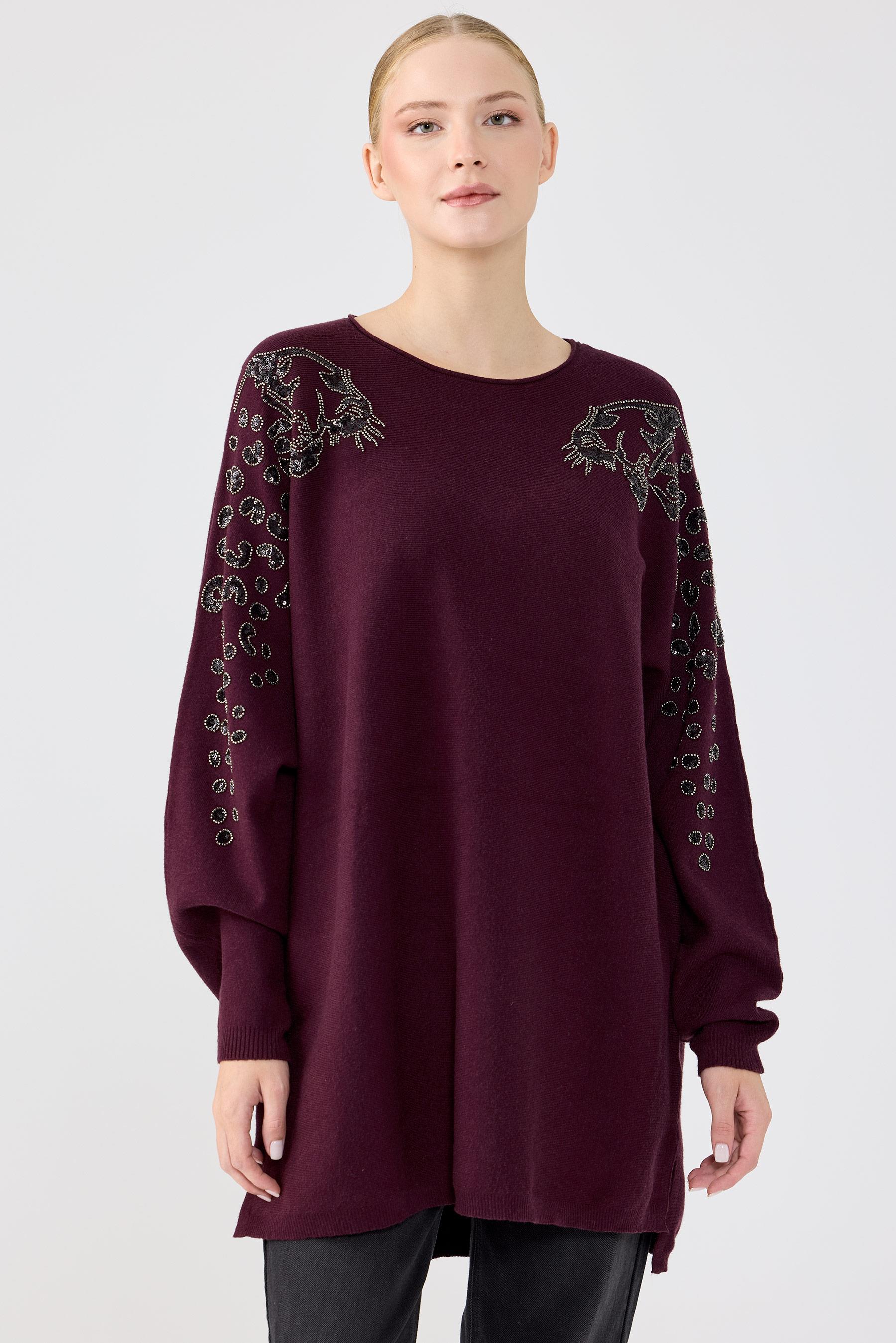 Leopar Taş işlemeli Bluz MÜRDÜM