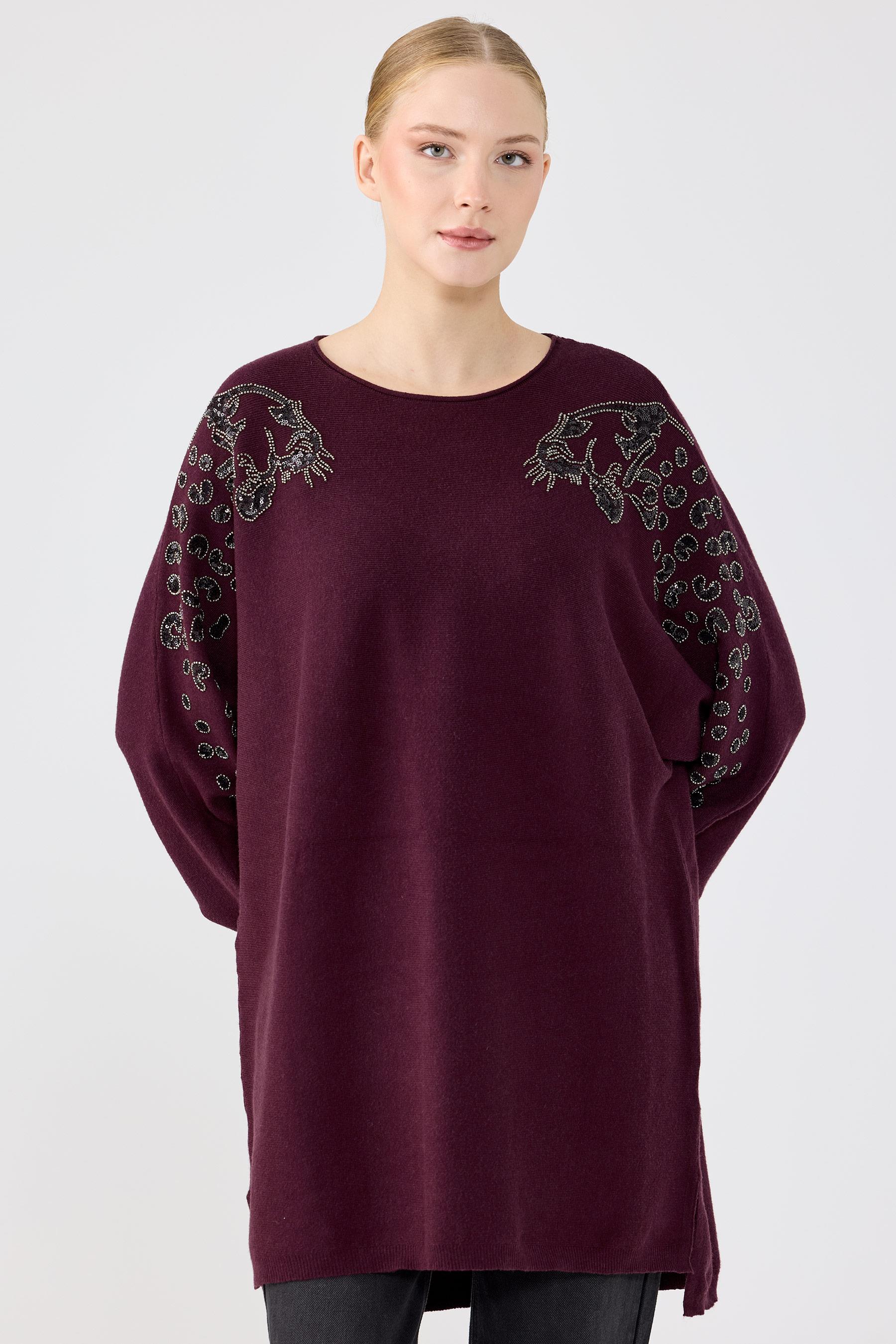 Leopar Taş işlemeli Bluz MÜRDÜM