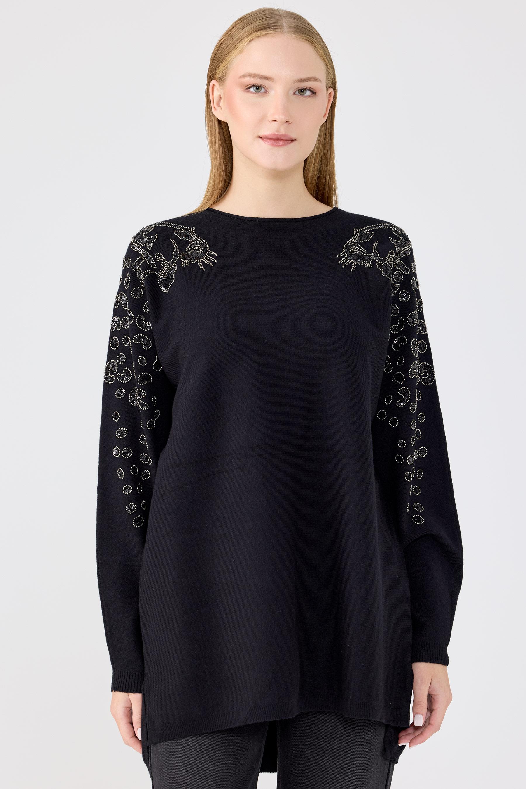 Leopar Taş işlemeli Bluz SİYAH