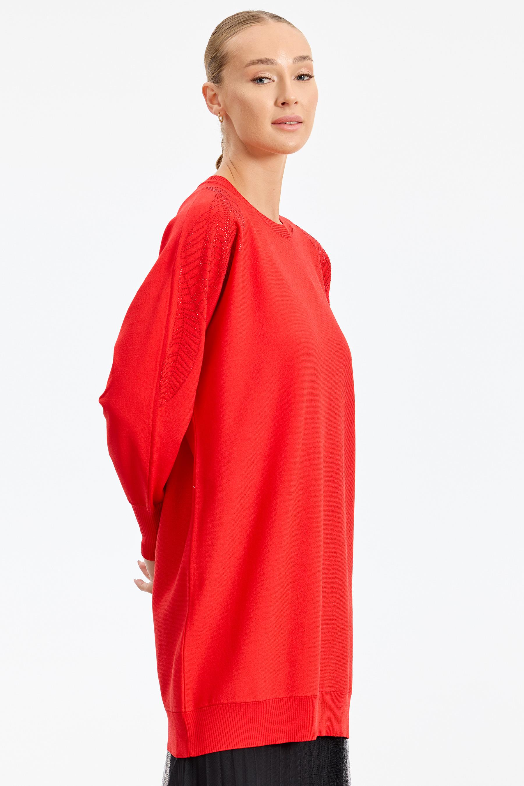 Omzu Taş Baskılı Rayon Tunik  KIRMIZI