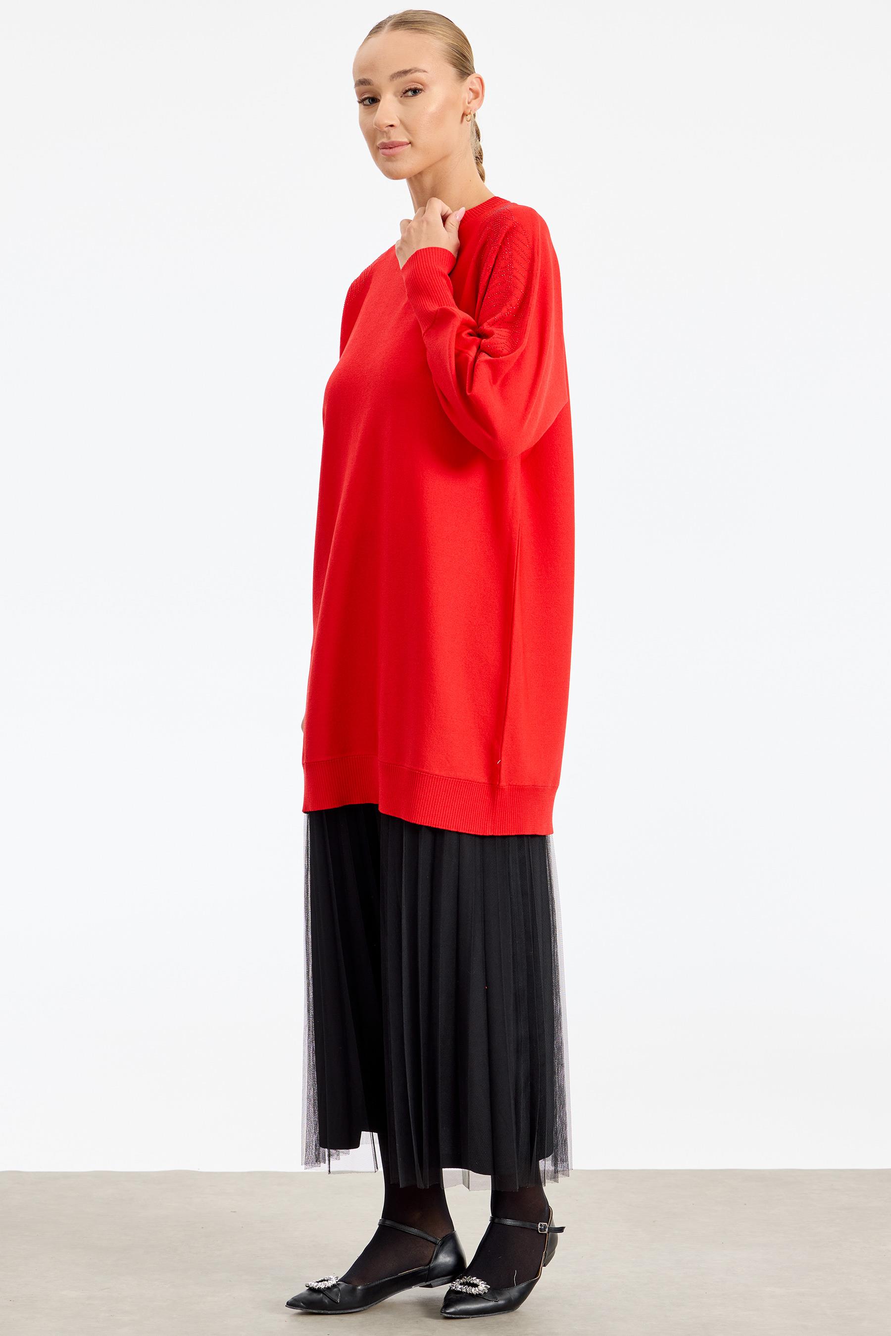 Omzu Taş Baskılı Rayon Tunik  KIRMIZI