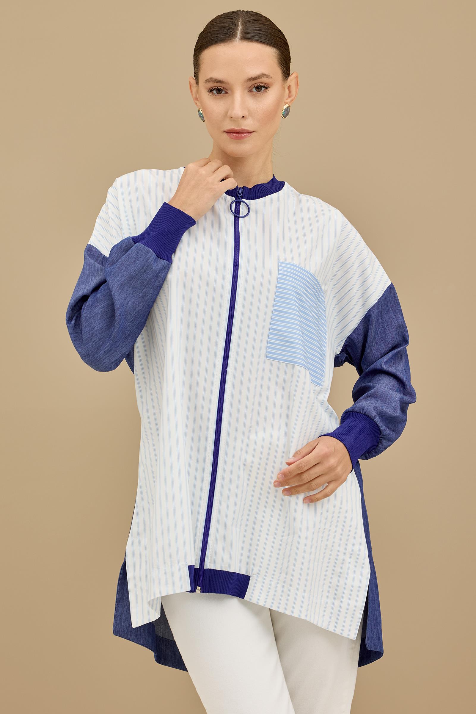Önden Fermuarlı Çizgi Poplin Denim Mix Hırka INDIGO