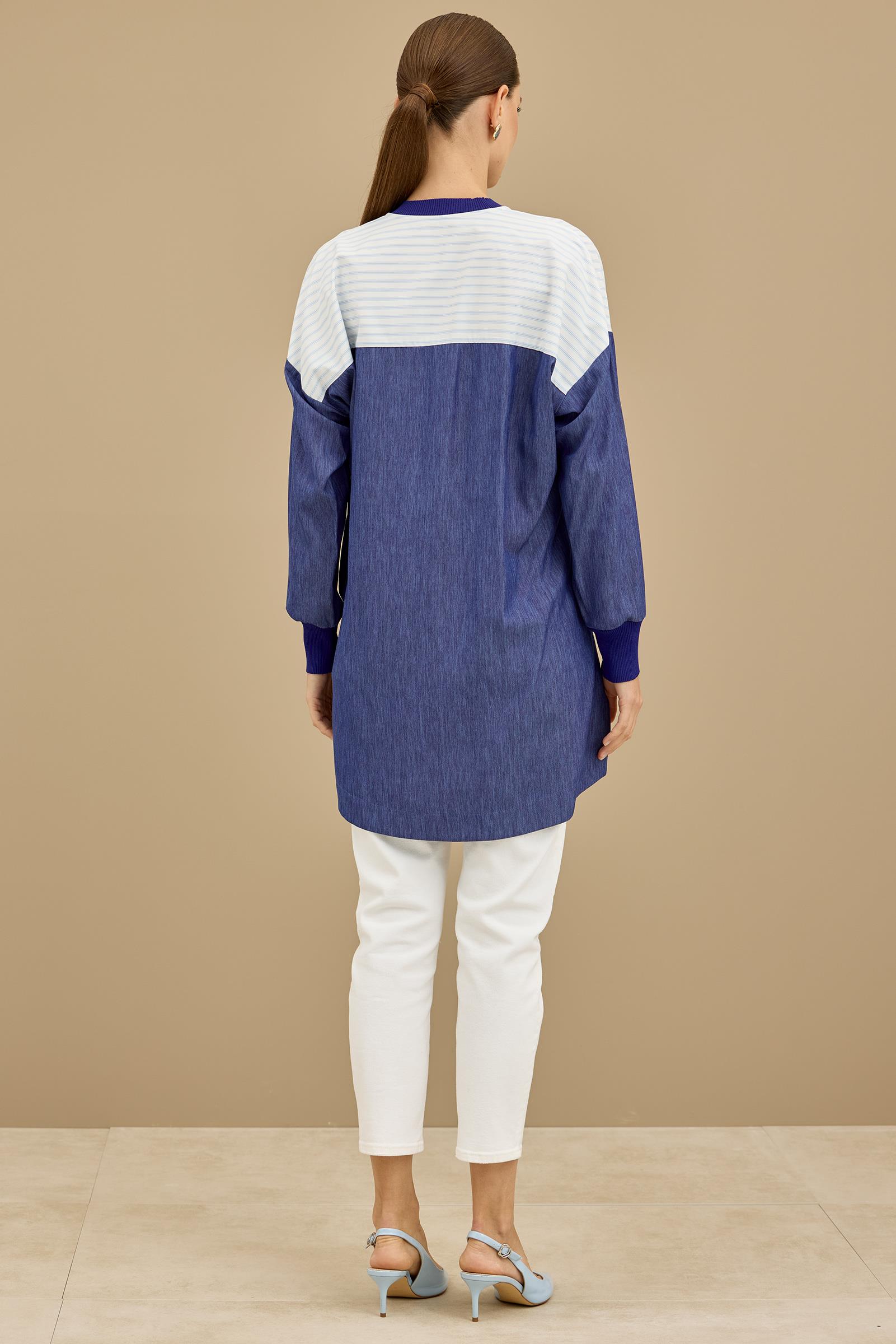 Önden Fermuarlı Çizgi Poplin Denim Mix Hırka INDIGO