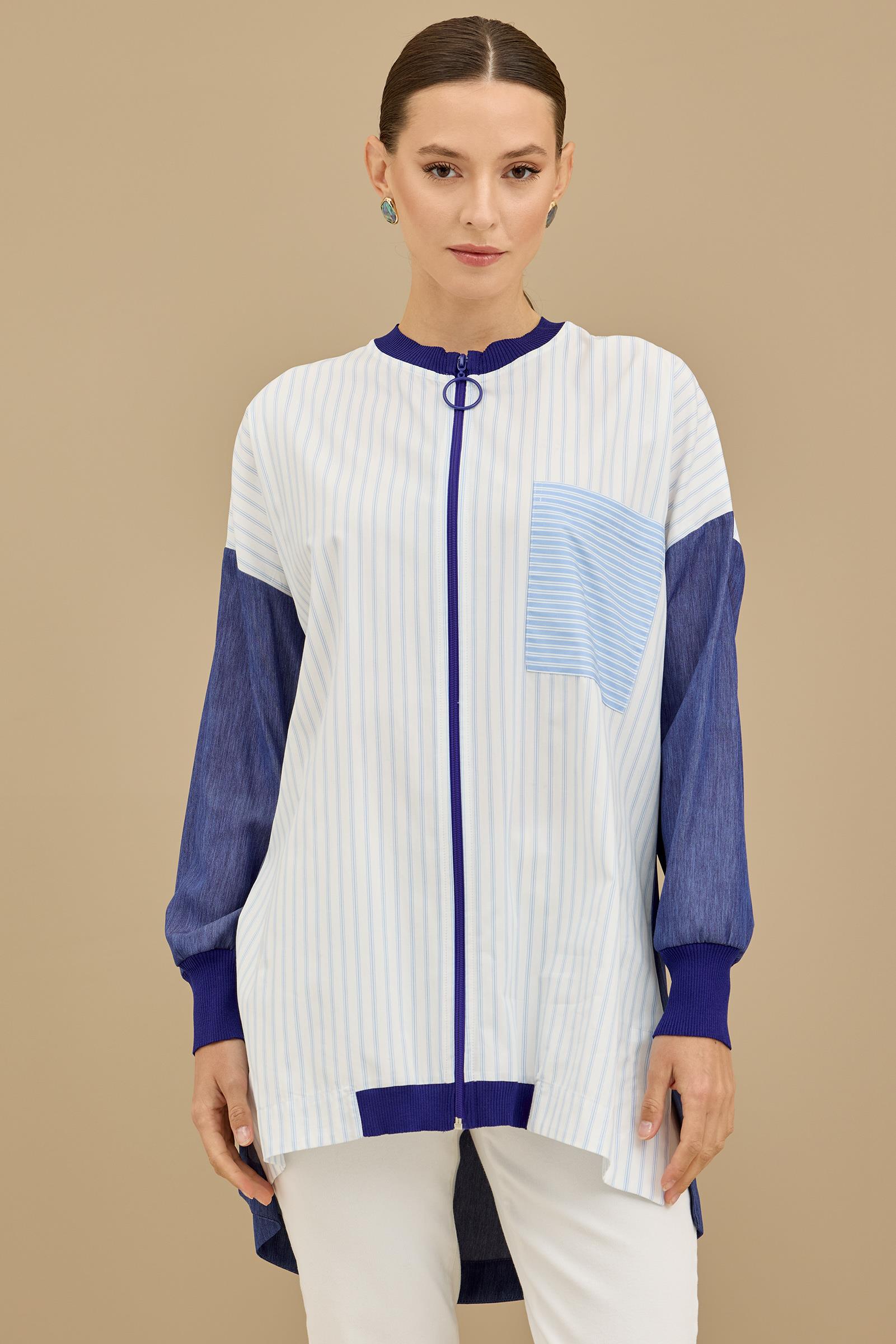 Önden Fermuarlı Çizgi Poplin Denim Mix Hırka INDIGO